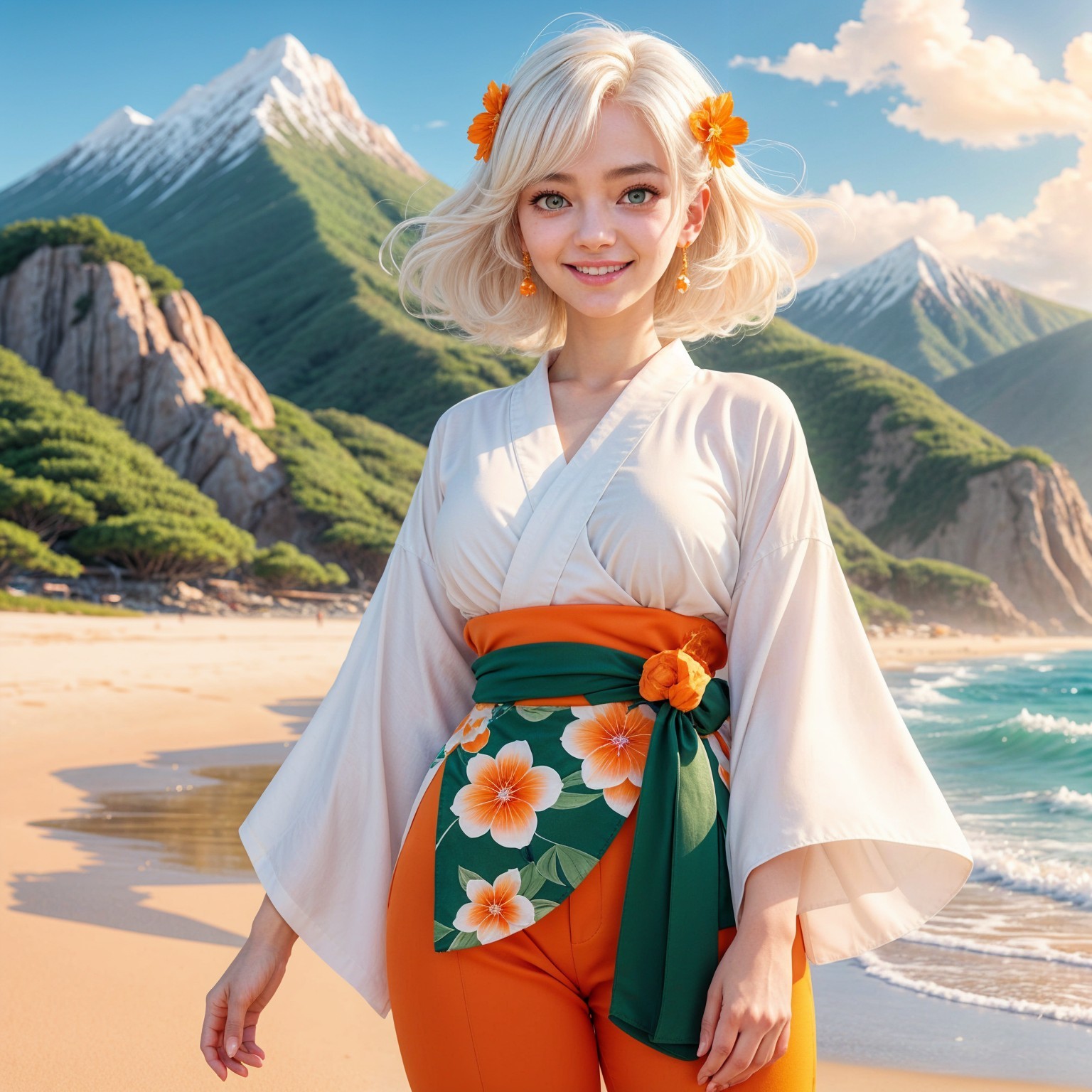 Young Woman in Kimono on Scenic Beach with Mountains