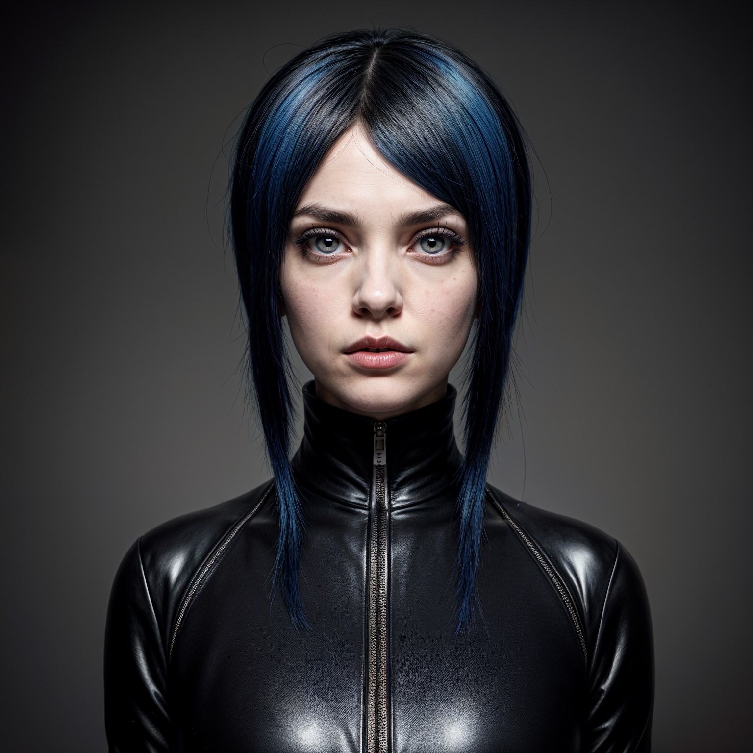 Young woman with blue hair in black leather outfit