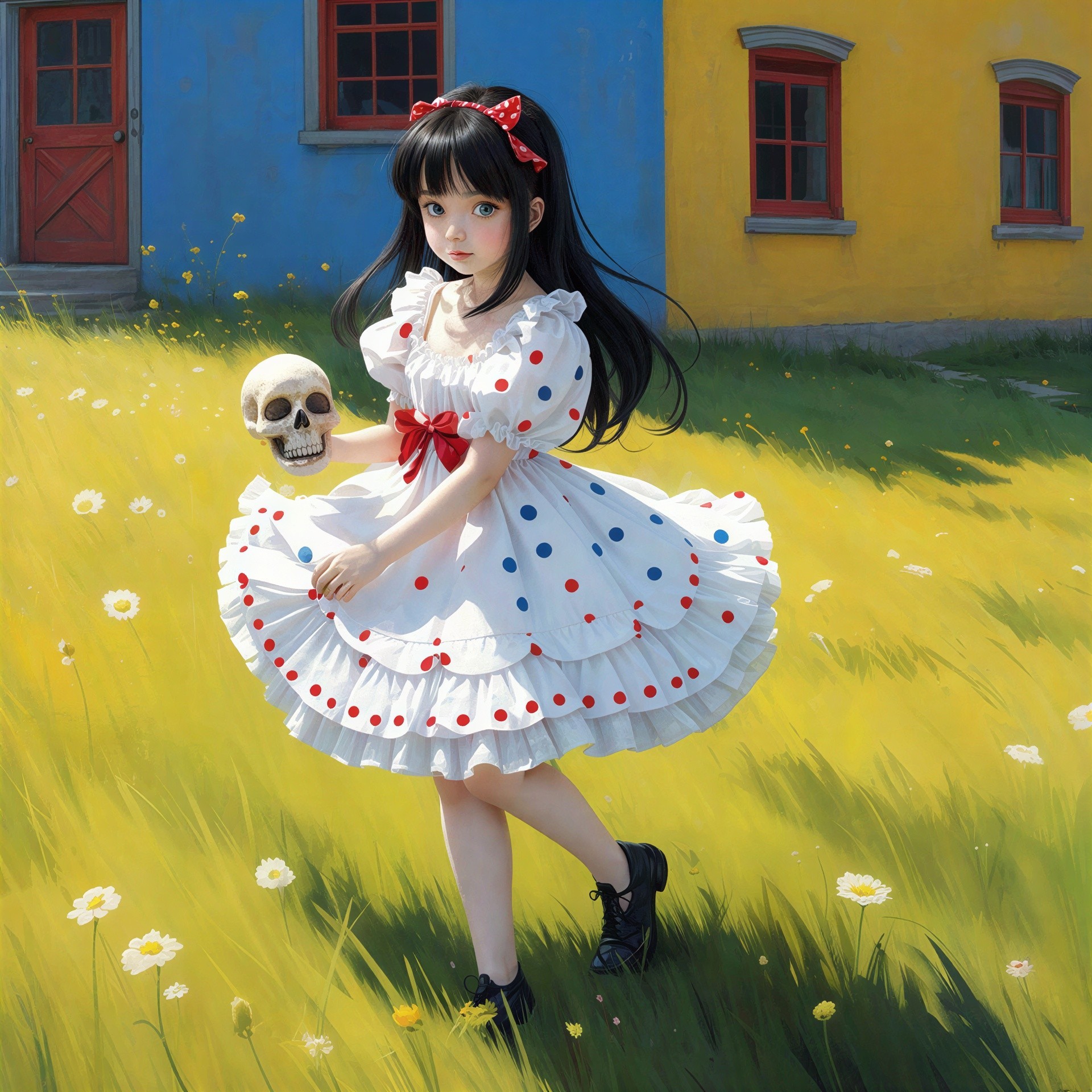 Anime-style girl in a puffy dress with skull in hand