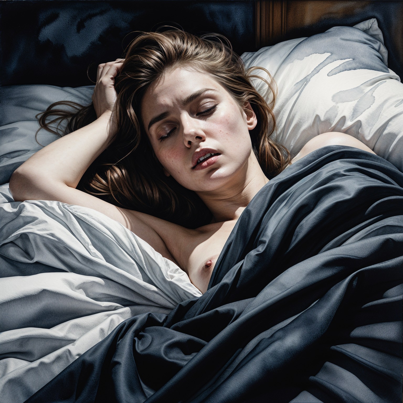 Serene Woman in Bed with Luxurious Bedding