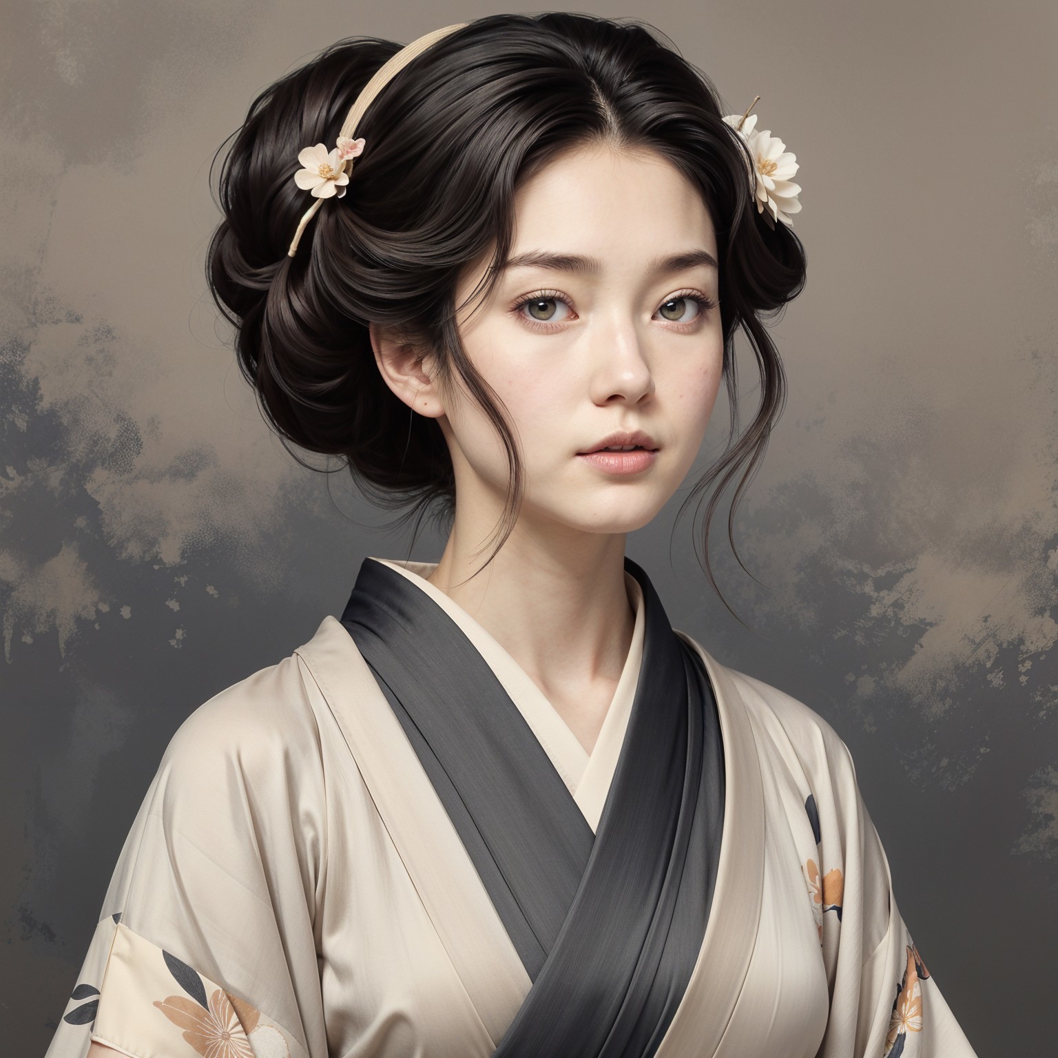 Traditional Kimono with Floral Patterns and Elegant Hair