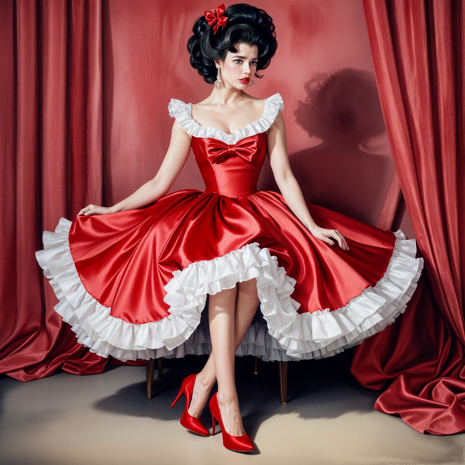 Elegant woman in red satin dress with ruffles