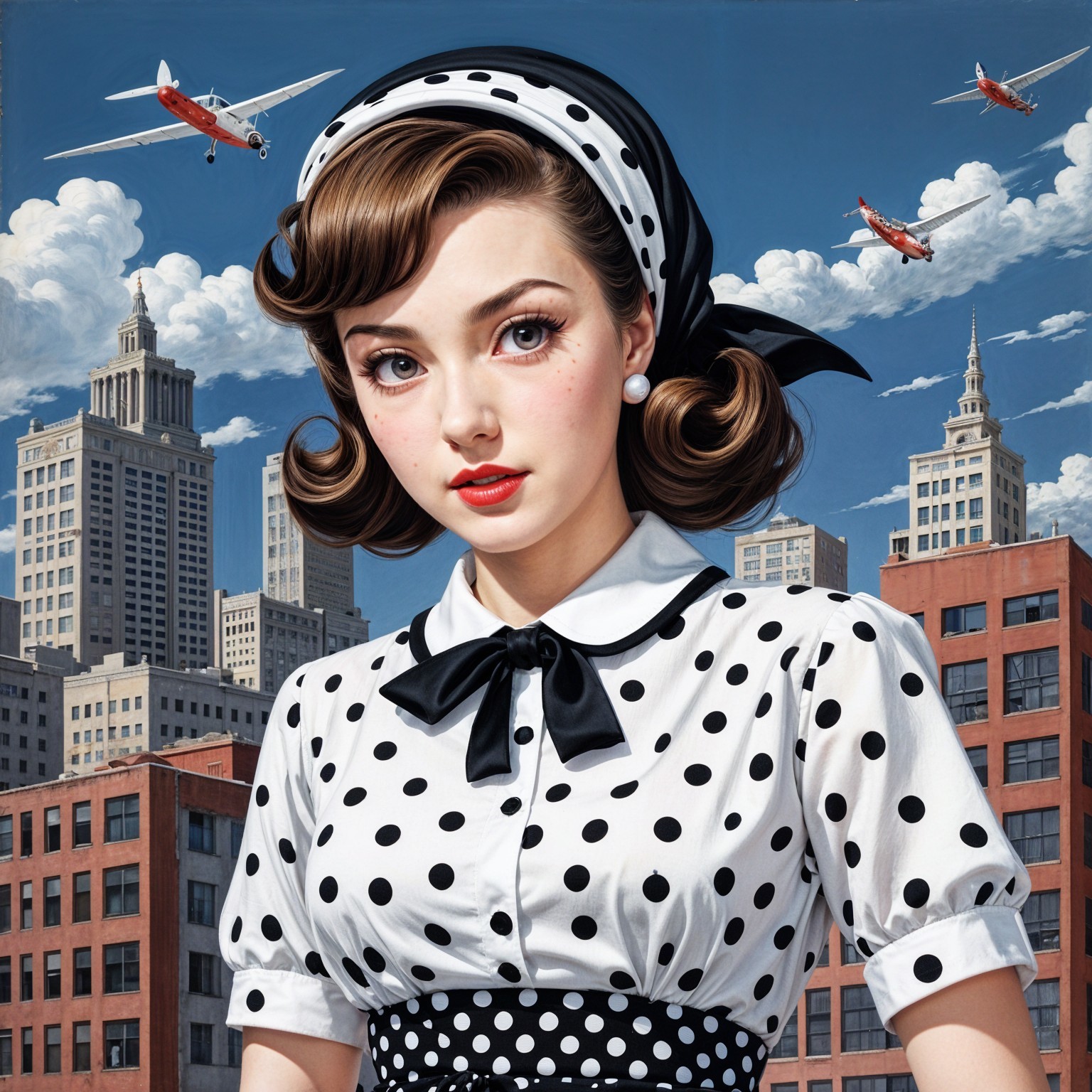 Retro Fashion Scene with Young Woman and Airplanes