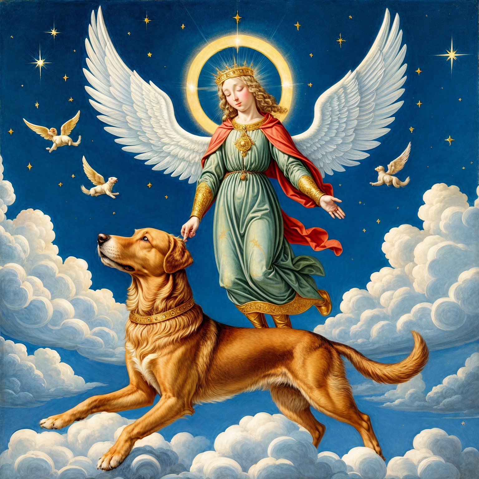 Celestial Scene with Angel, Doves, and Golden Retriever