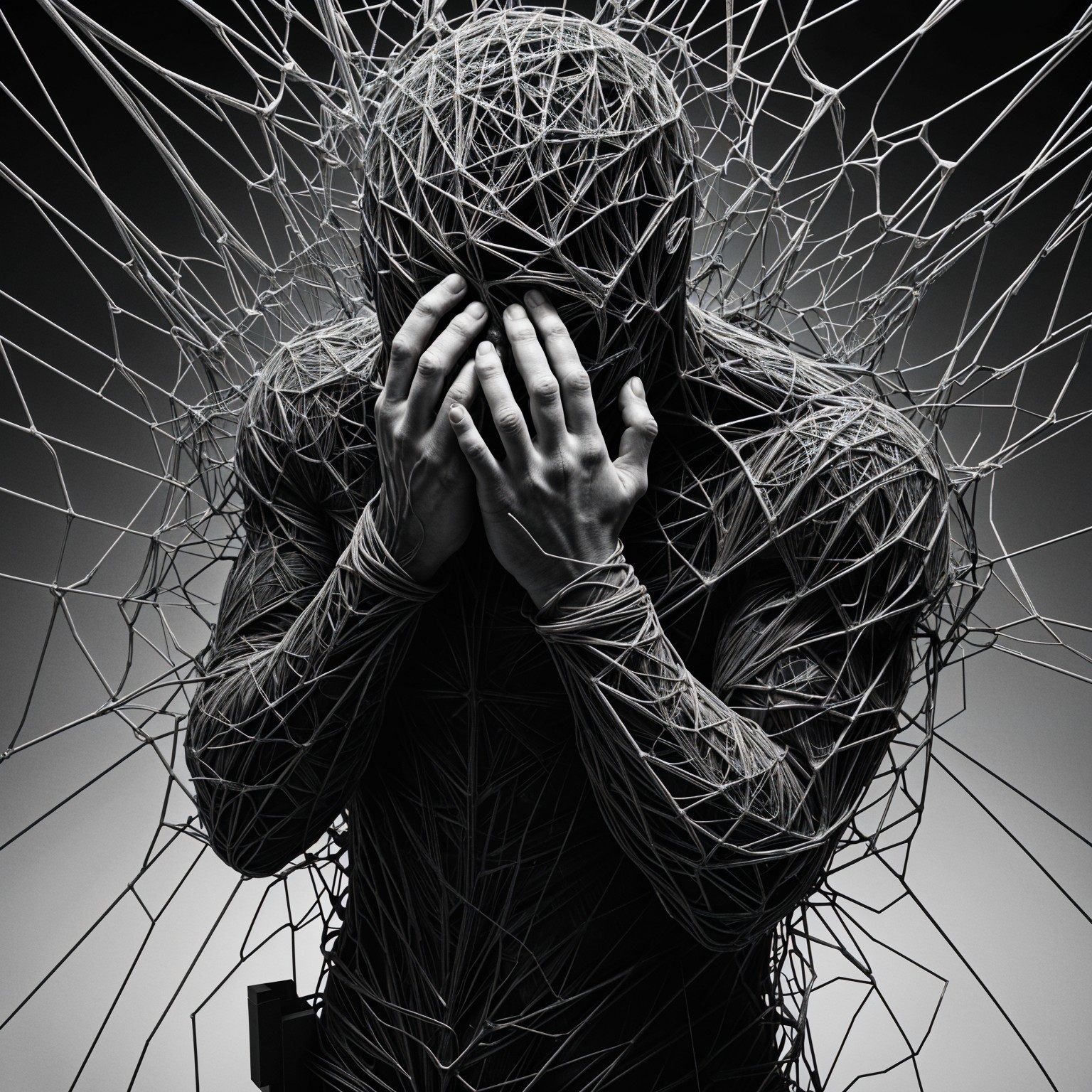 Human Figure Enveloped in Dark Threads of Despair