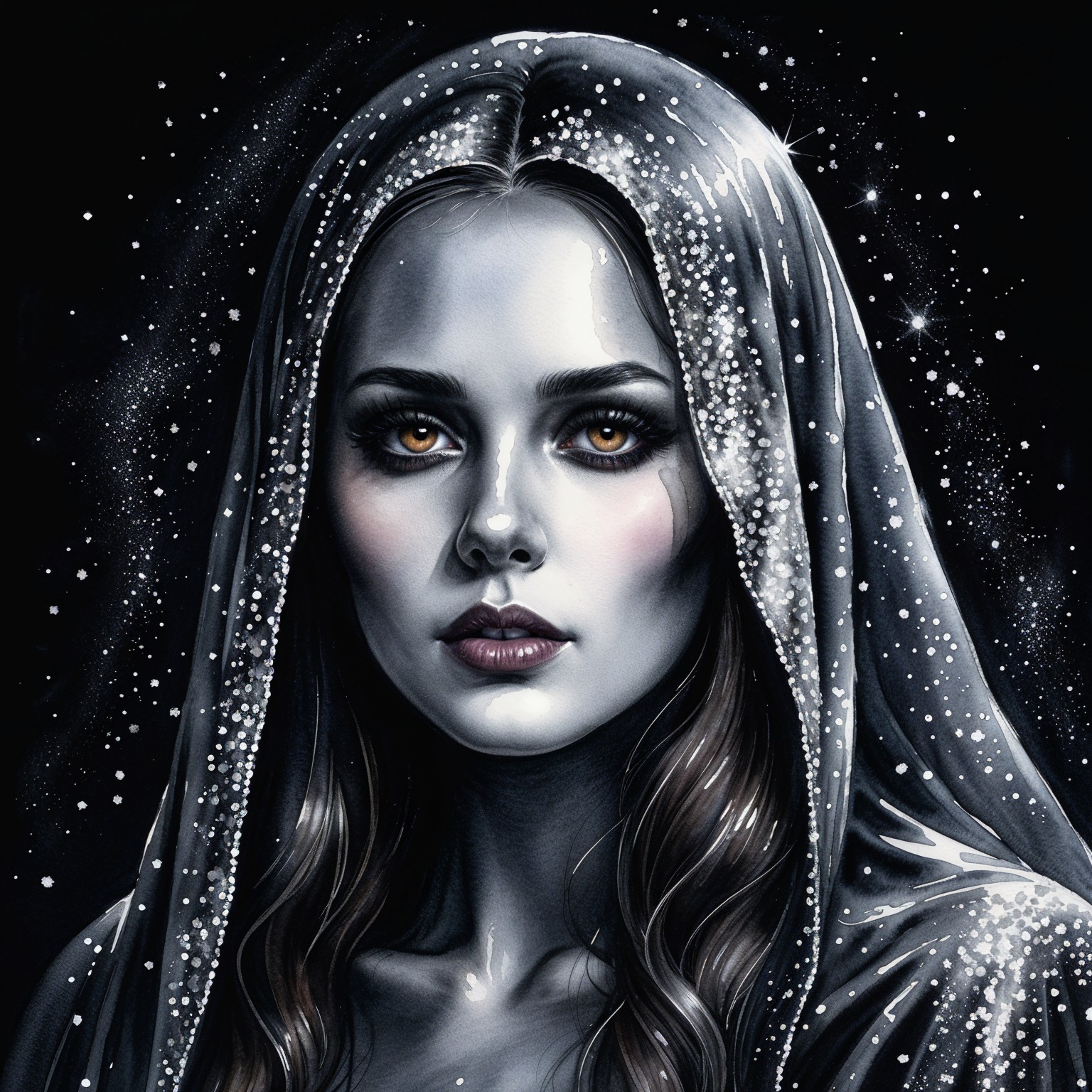 Ethereal Woman with Veil and Starry Backdrop