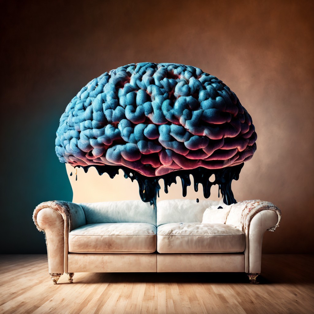 Plush White Sofa with Surreal Melting Brain Art