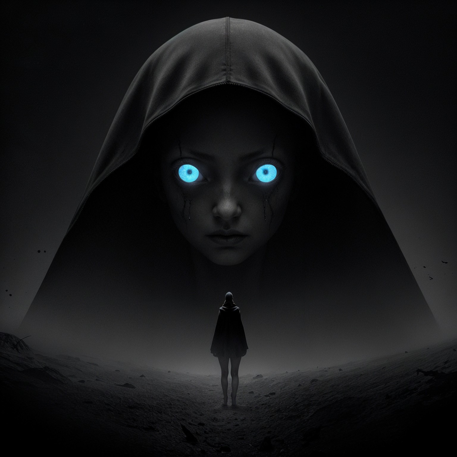 Mysterious Hooded Figure with Glowing Blue Eyes