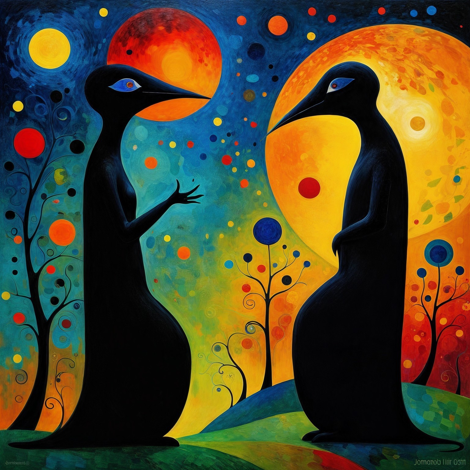 Elongated Figures with Bird Heads in Vibrant Landscape