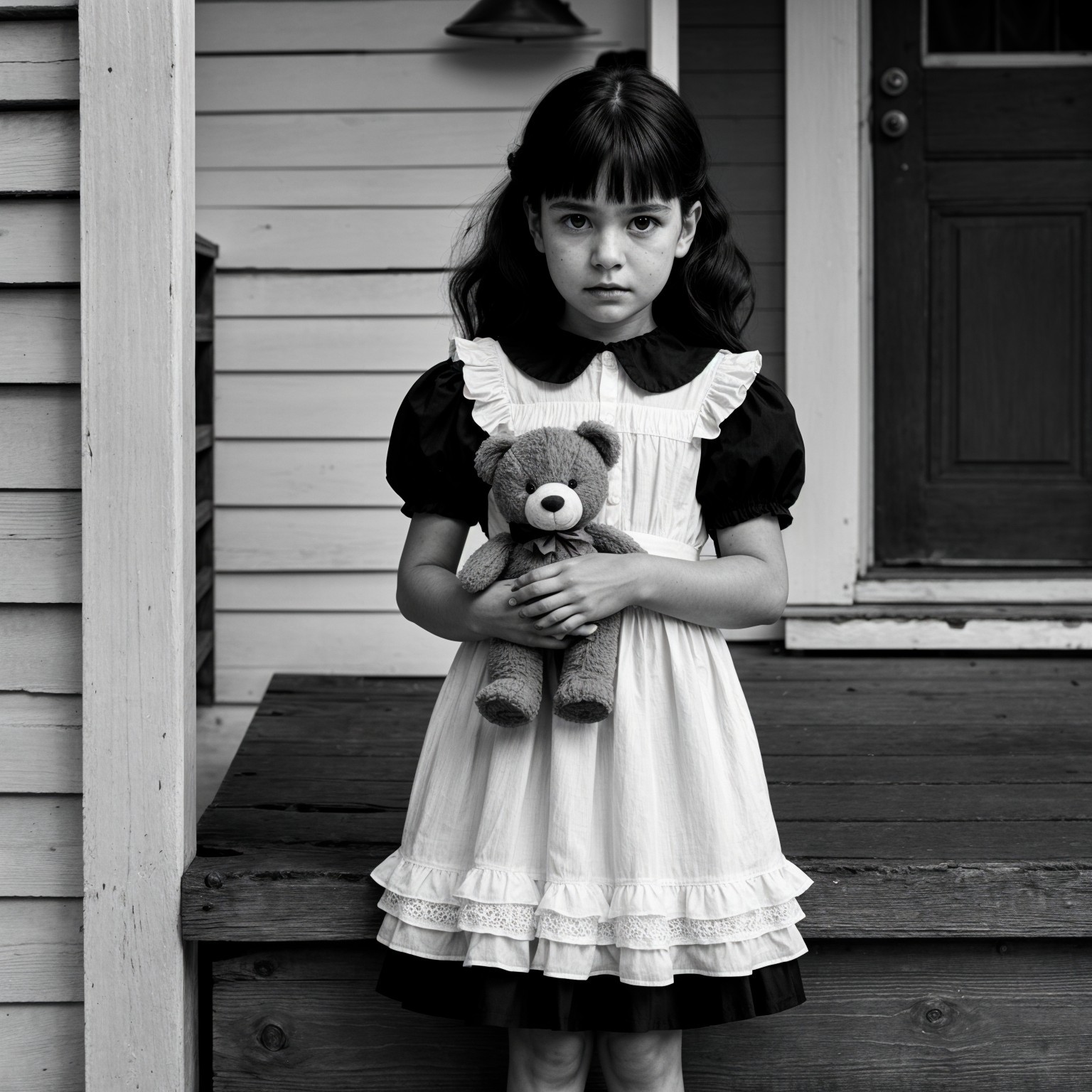 Young Girl with Teddy Bear in Vintage Dress Photo