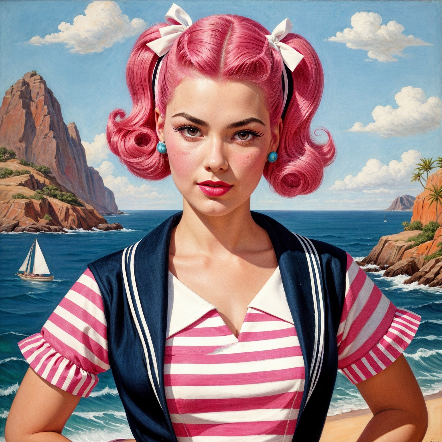 Portrait of a Woman with Pink Hair and Coastal Background