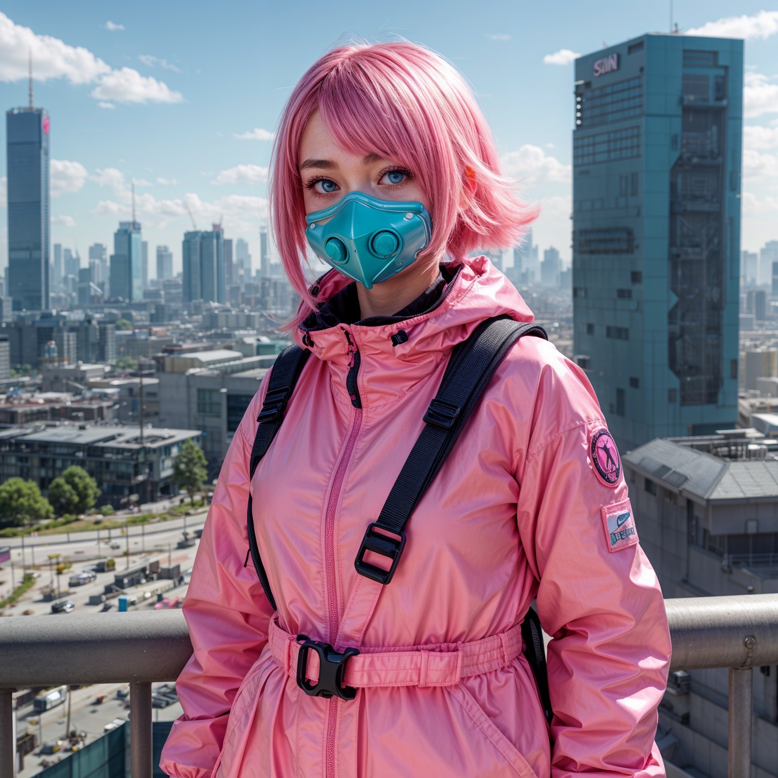 Young person with pink hair on city rooftop