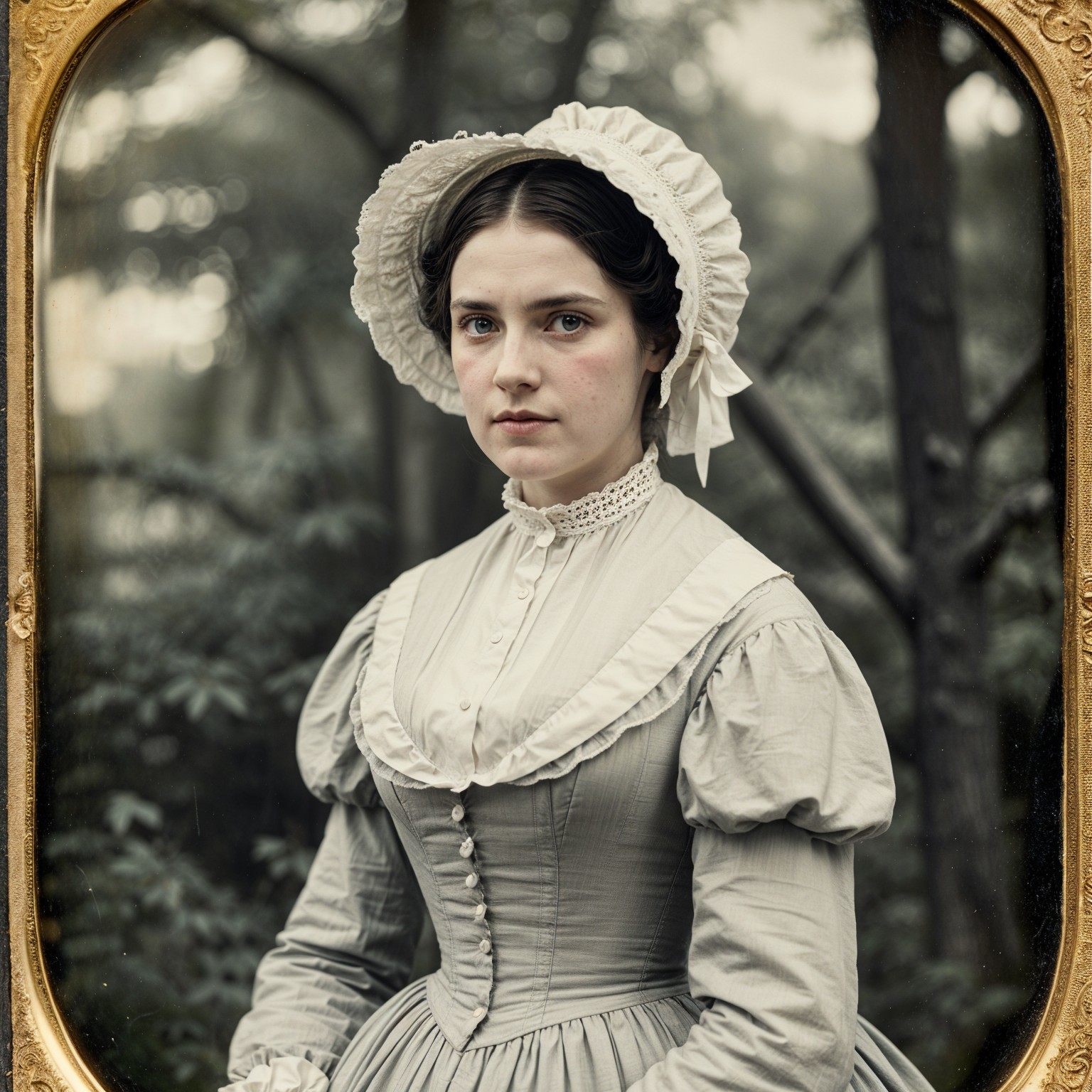 Vintage Young Woman in Light Gray Gown and Bonnet