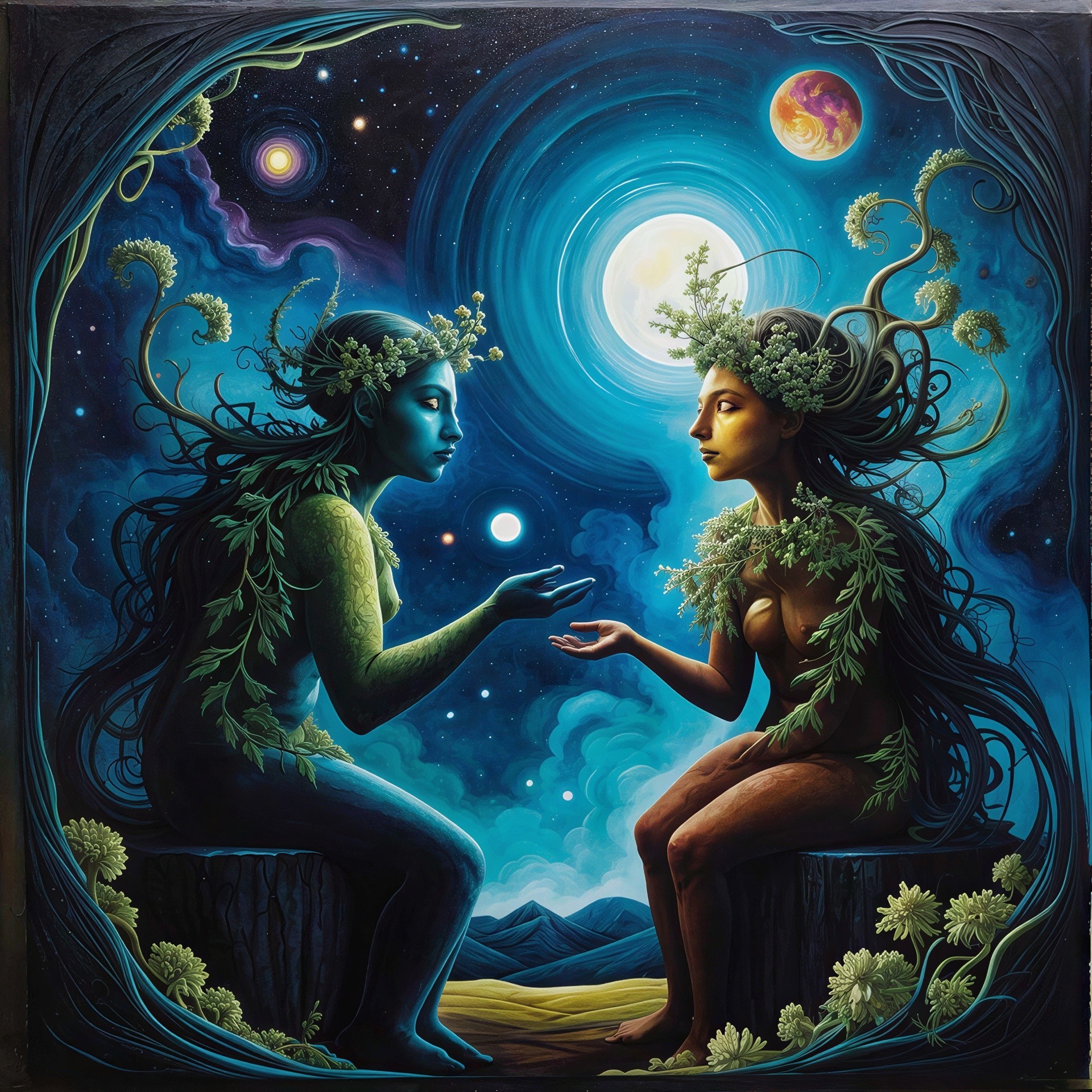 Celestial Women with Vines and Cosmic Elements in Art