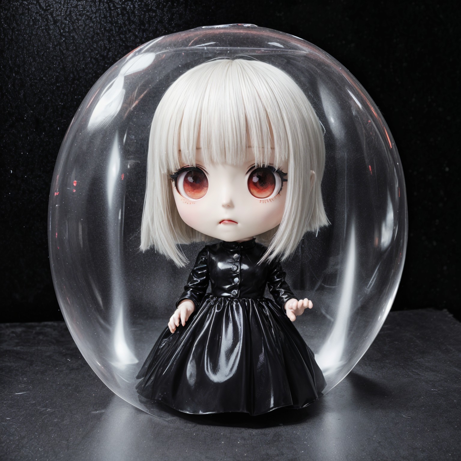 Stylized doll with white hair in a transparent bubble