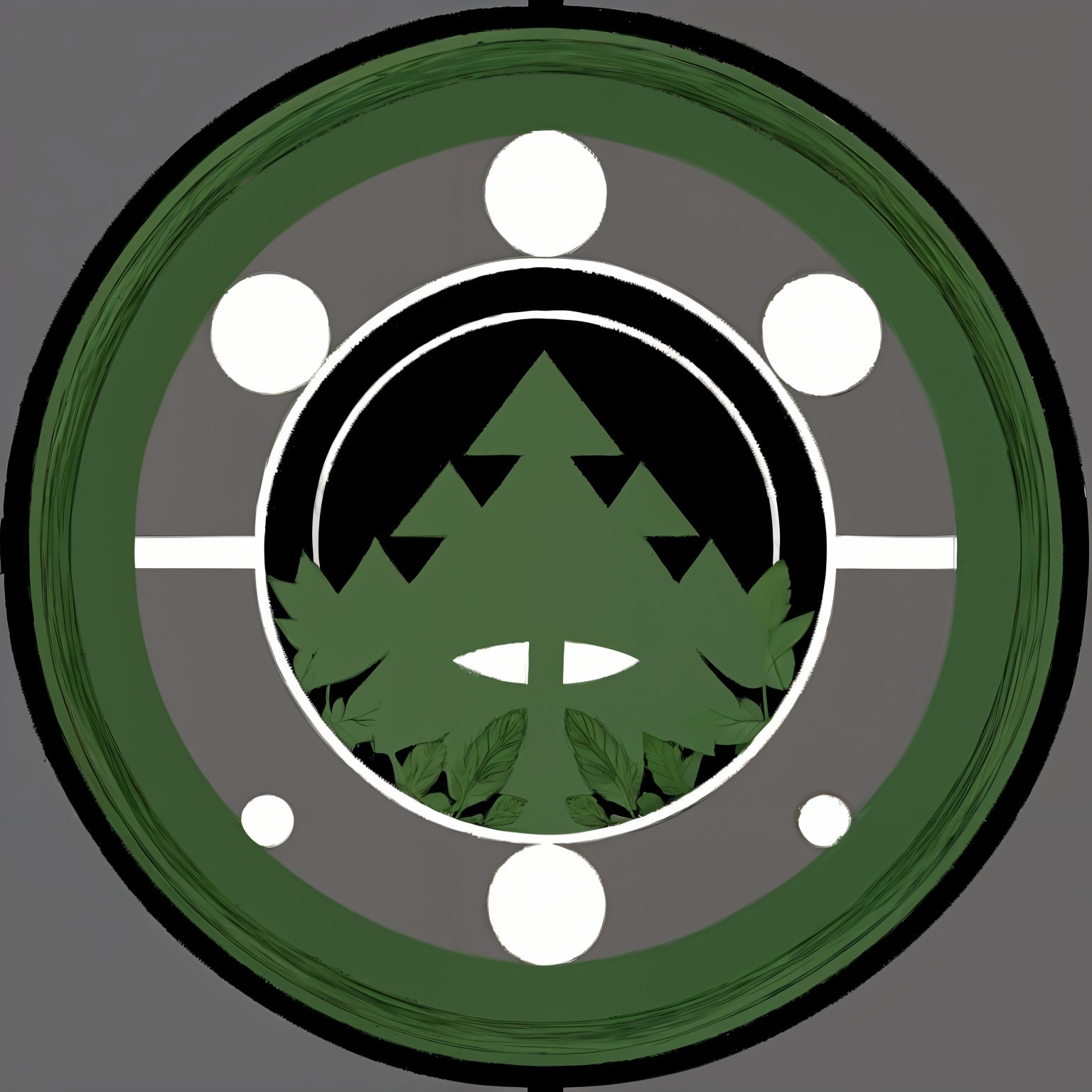 Circular emblem with green mountain motifs and leaves