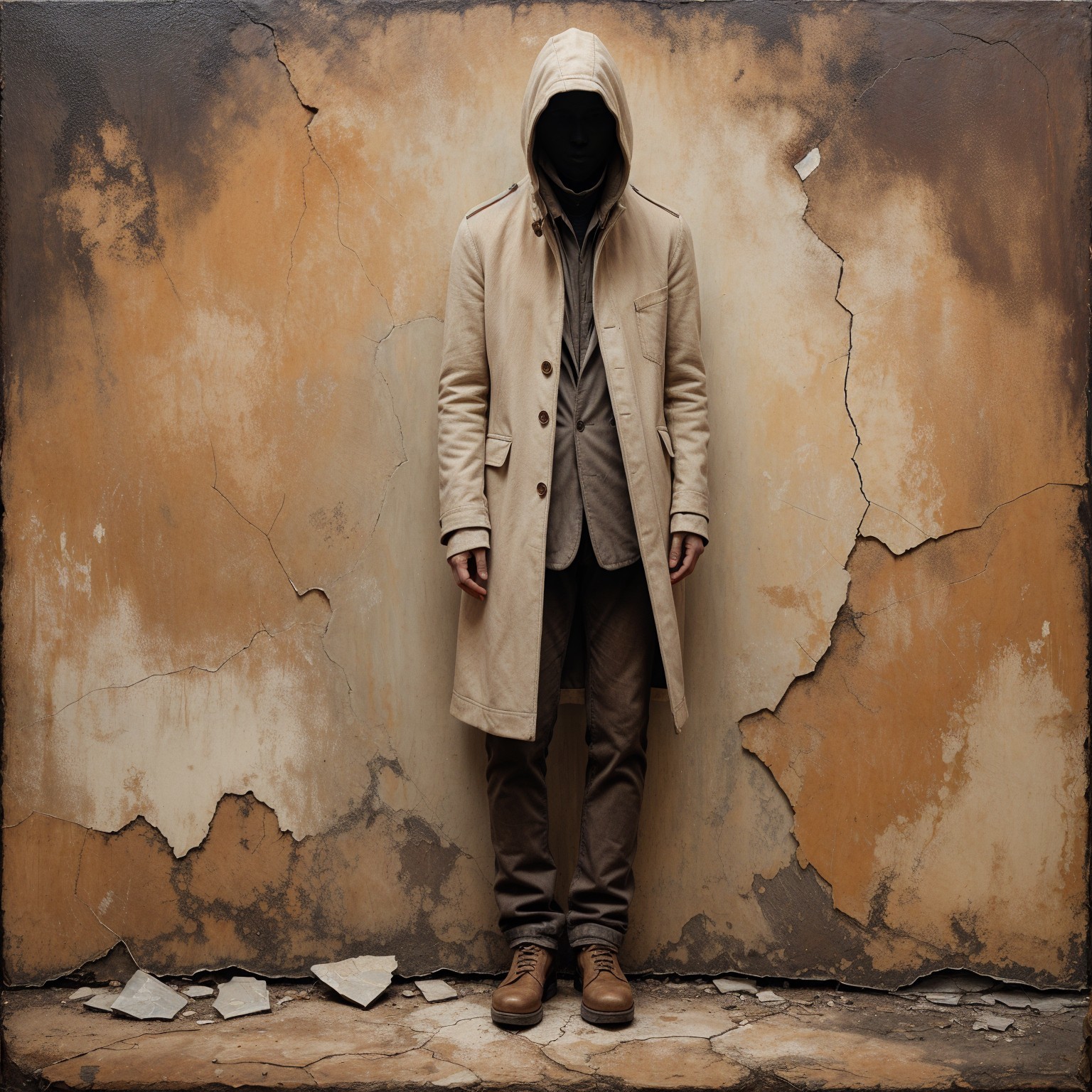Mysterious Figure in Beige Coat Against Weathered Wall