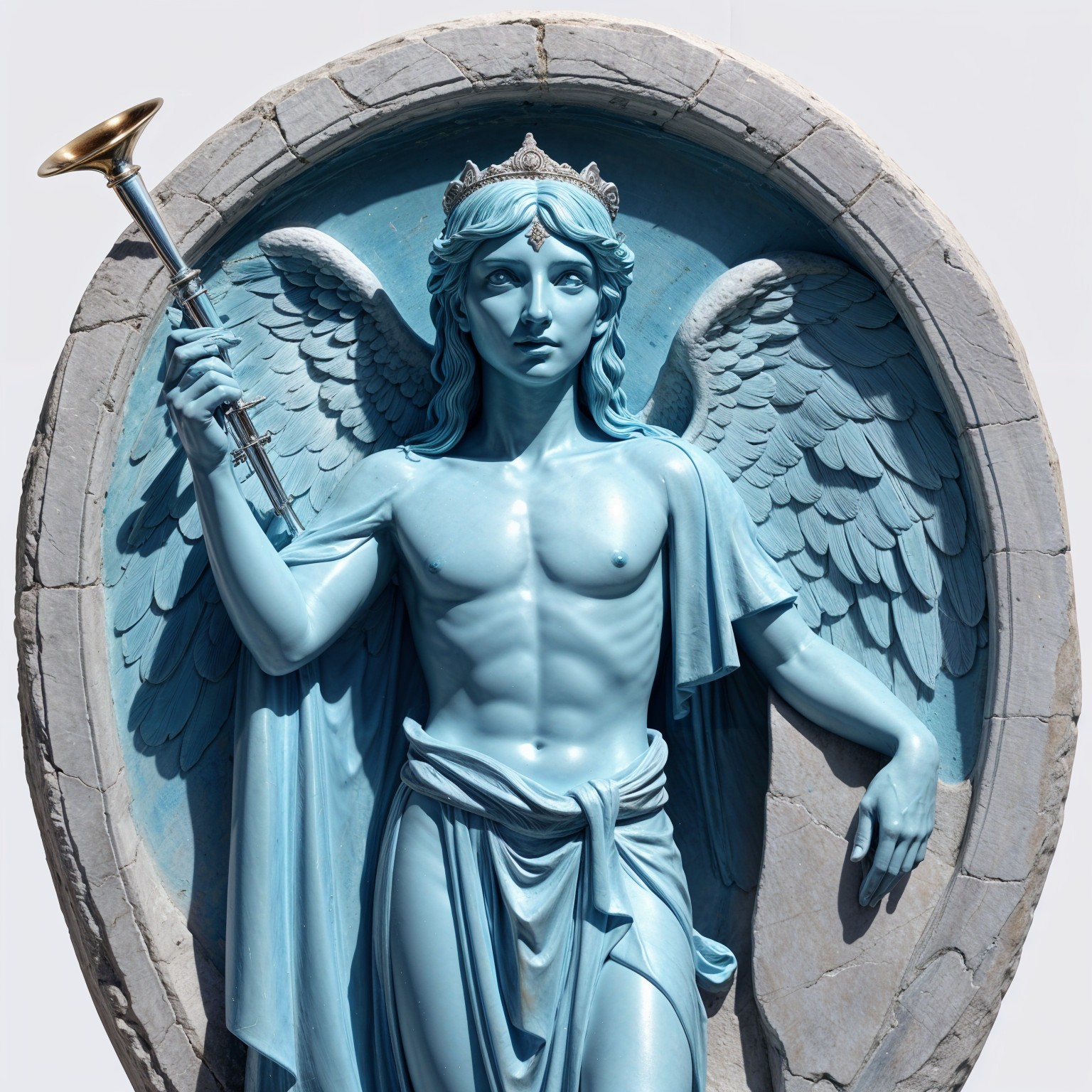 Blue-toned angelic statue with trumpet and wings