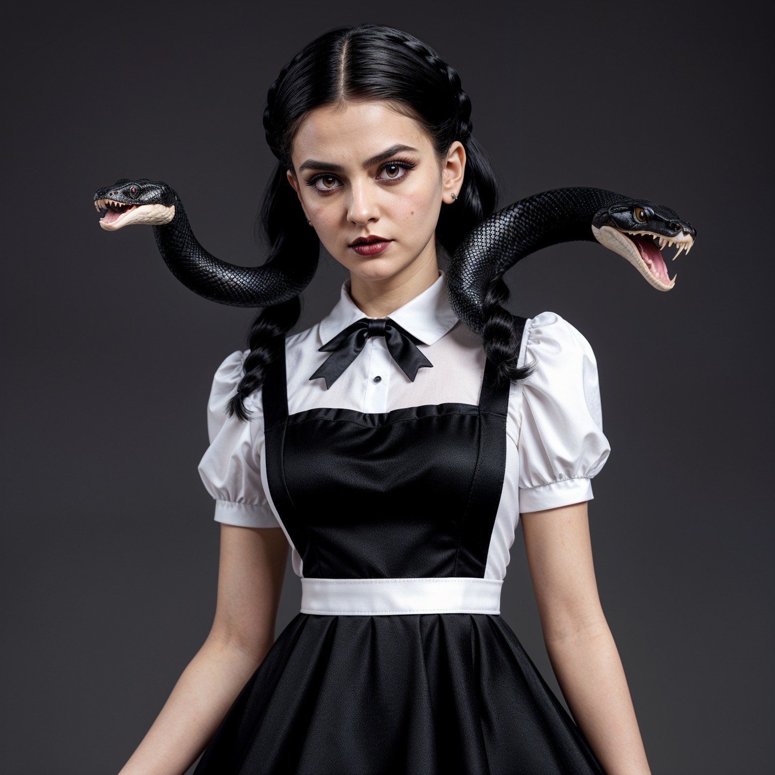 Young woman in black dress with snakes on shoulders