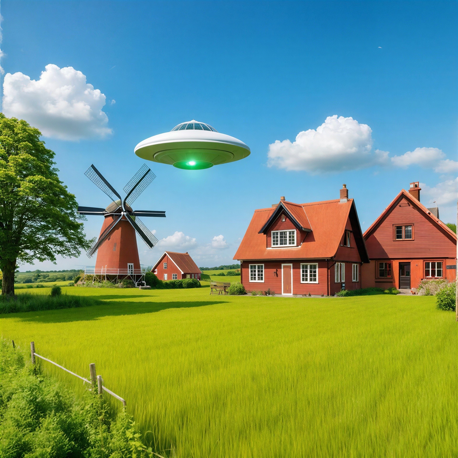Green Flying Saucer Over Red Brick Windmill Scene