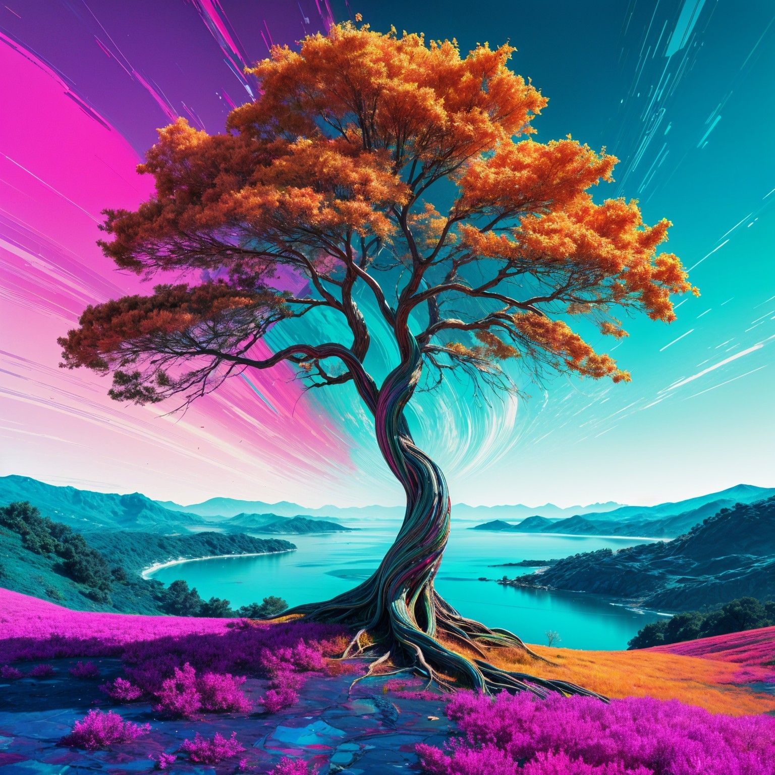 Surreal Landscape with Vibrant Tree by Serene Lake