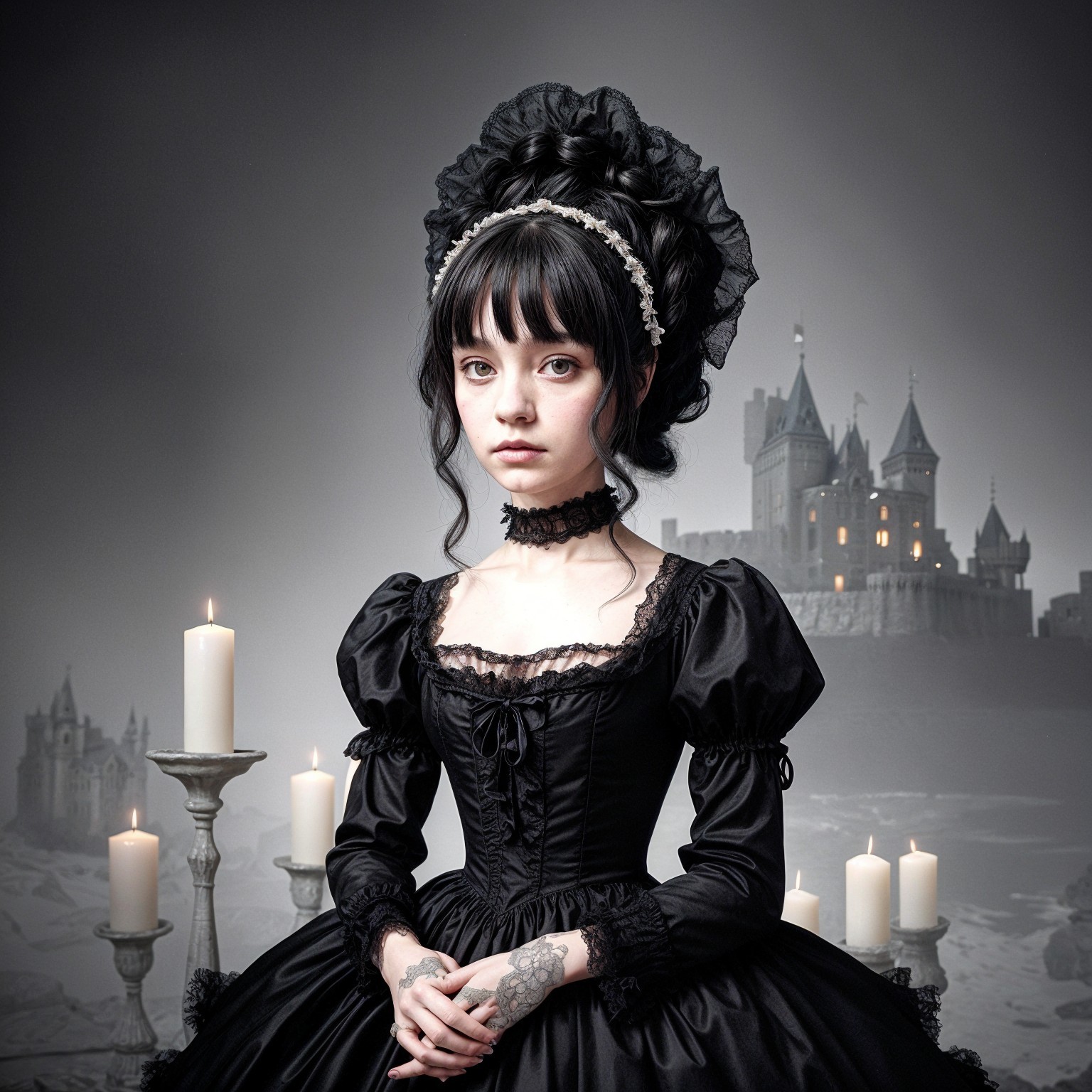 Gothic Scene with Woman in Victorian Gown and Castle