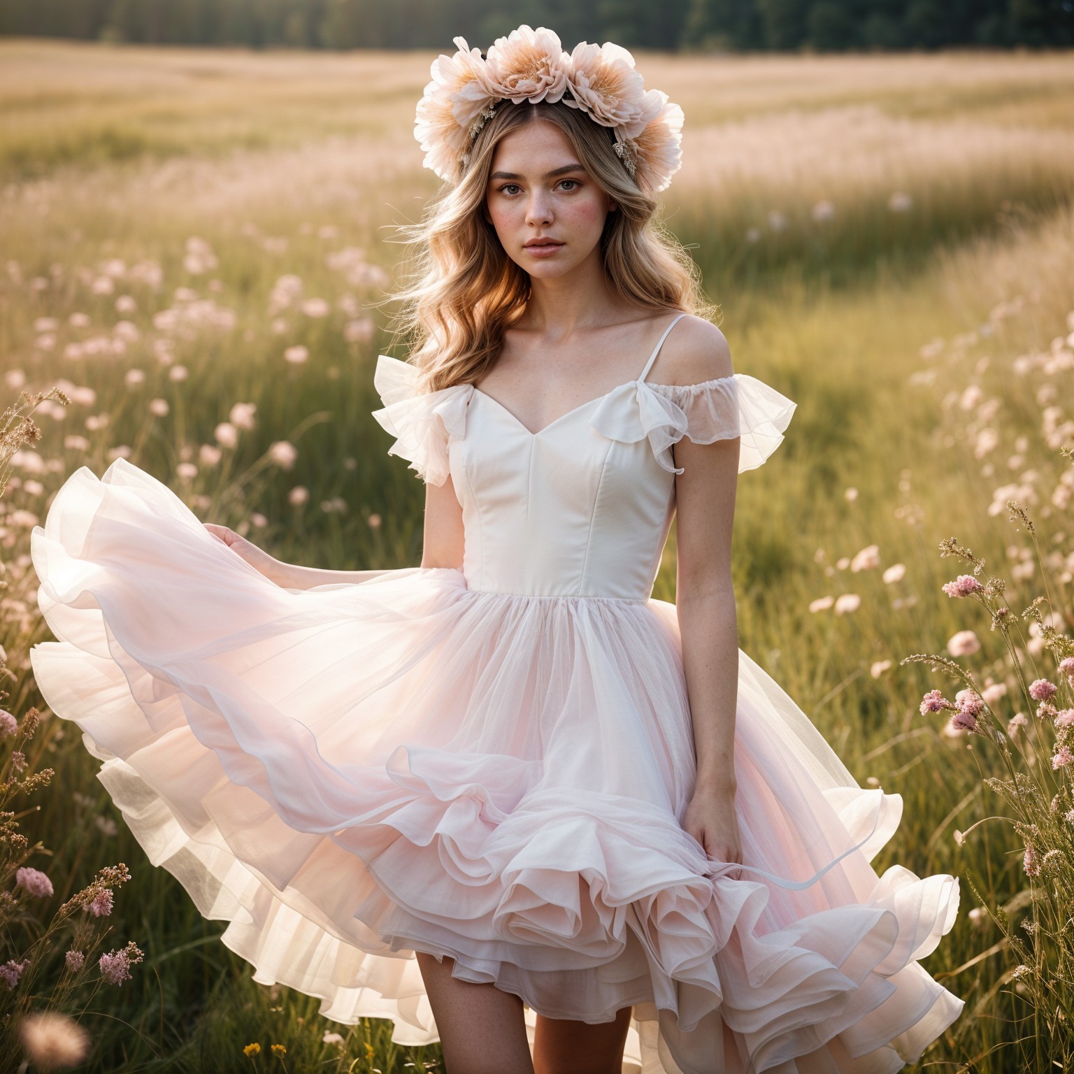 Young Woman in Sunlit Field with Floral Crown
