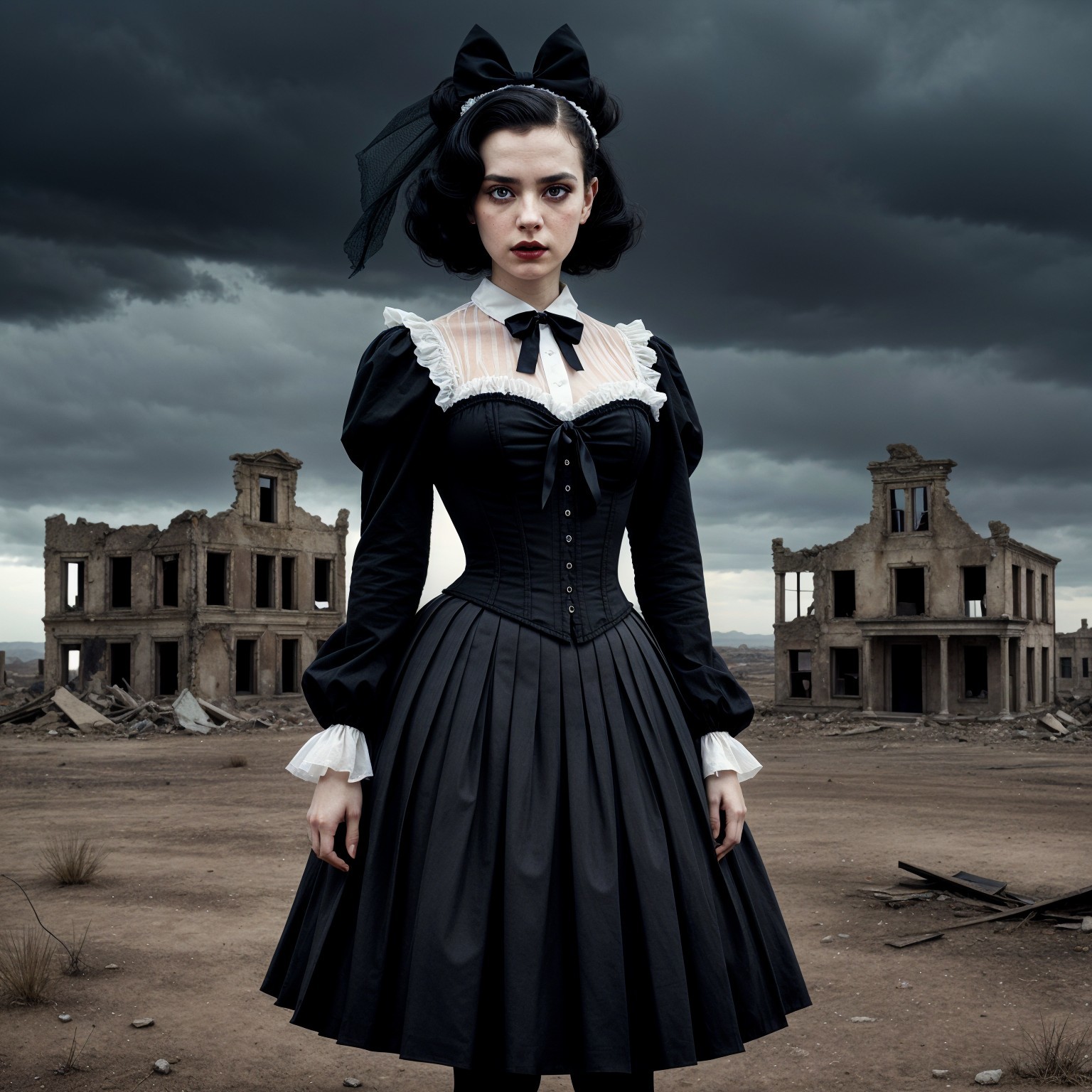 Woman in Black Dress Amidst Ruins Under Stormy Sky