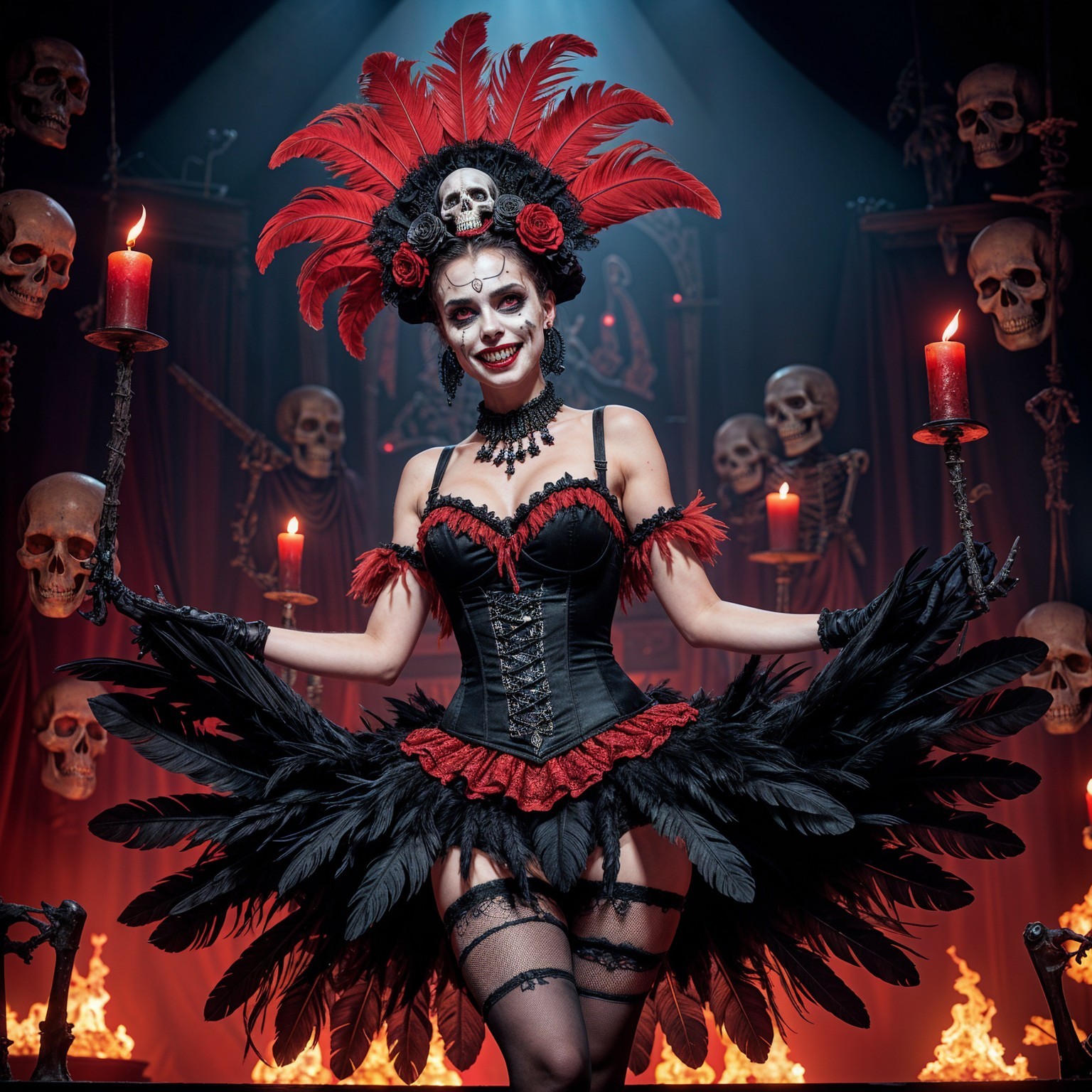 Gothic Figure in Black and Red Costume with Candles
