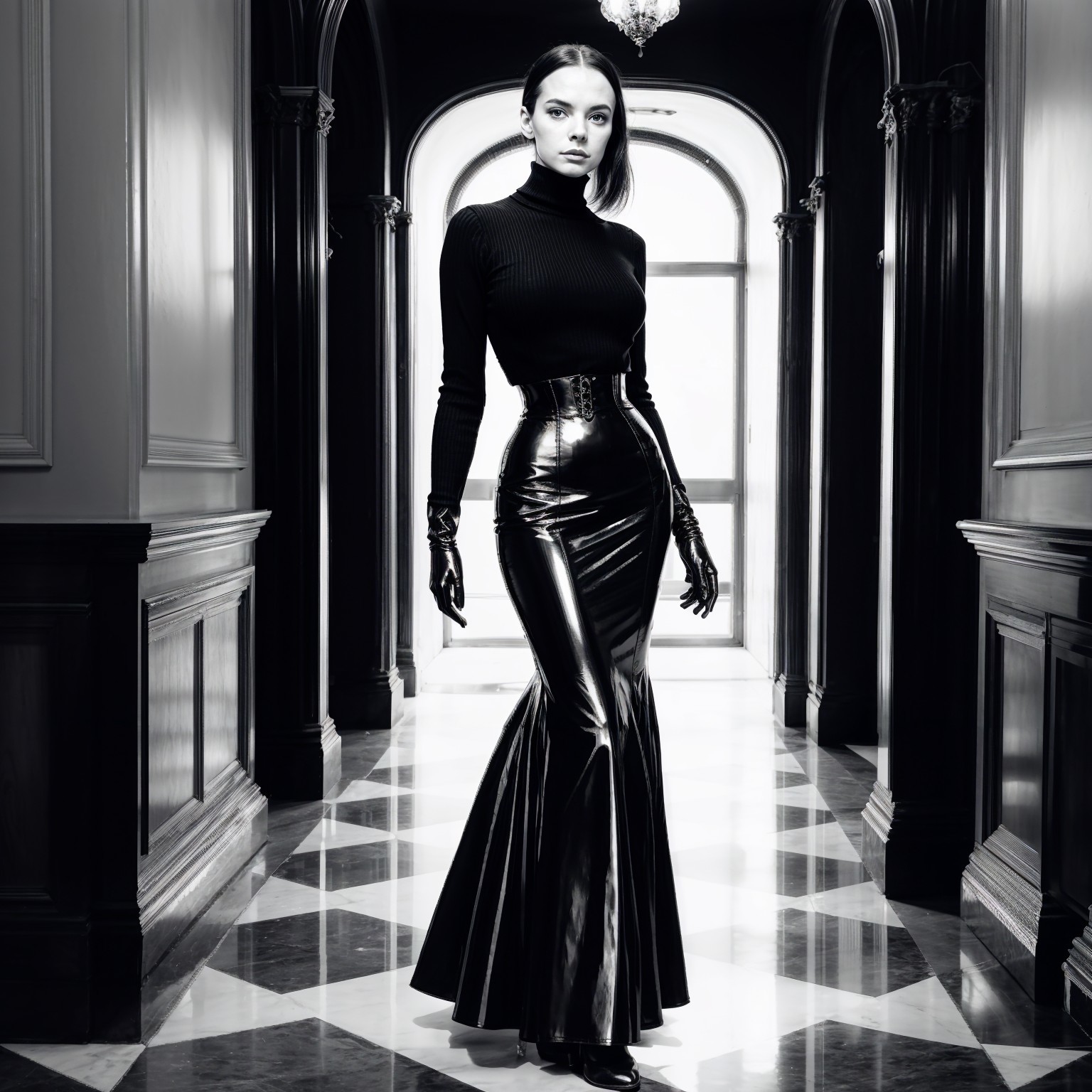 Elegant Black and White Fashion in Grand Hallway