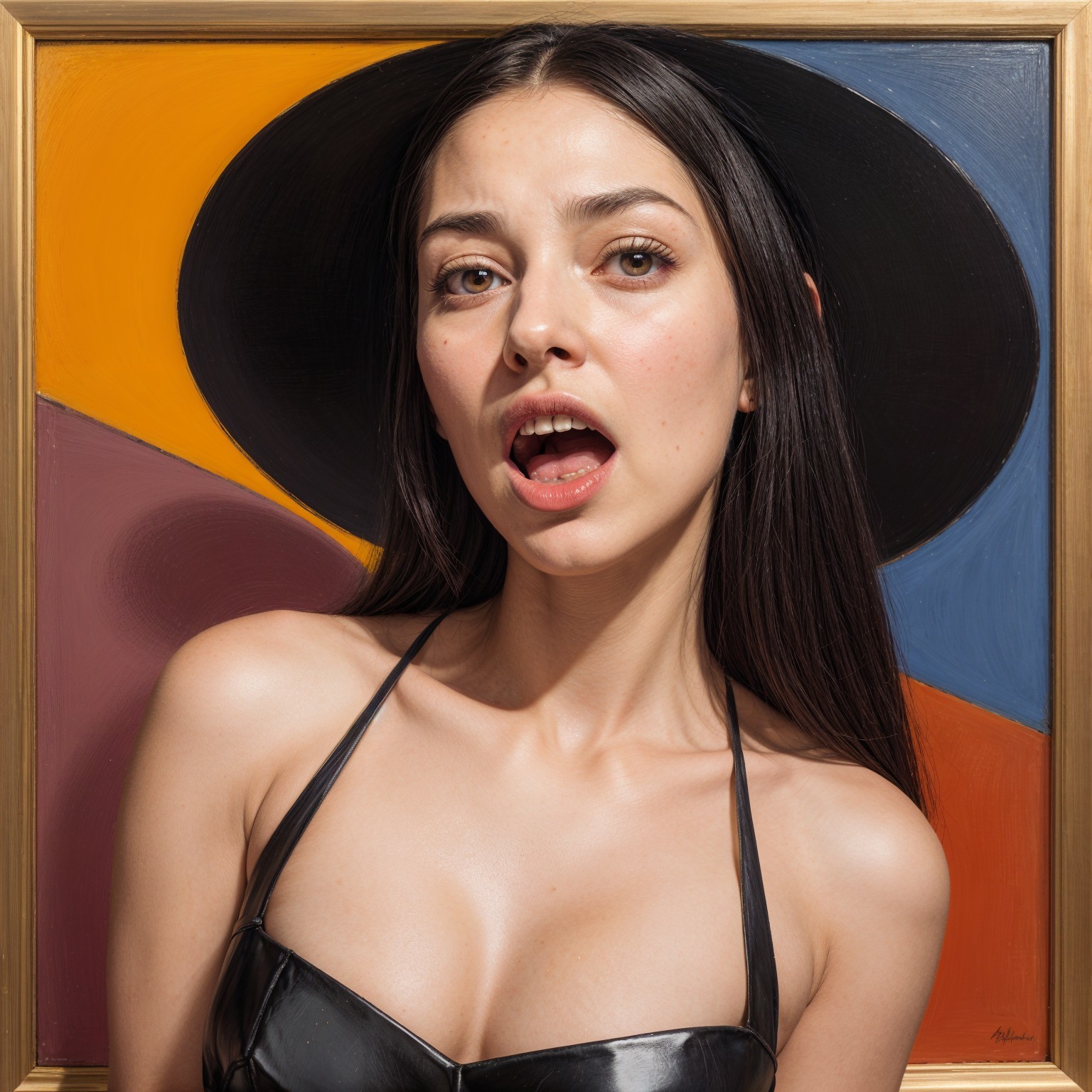 Young Woman in Black Leather Top with Geometric Background
