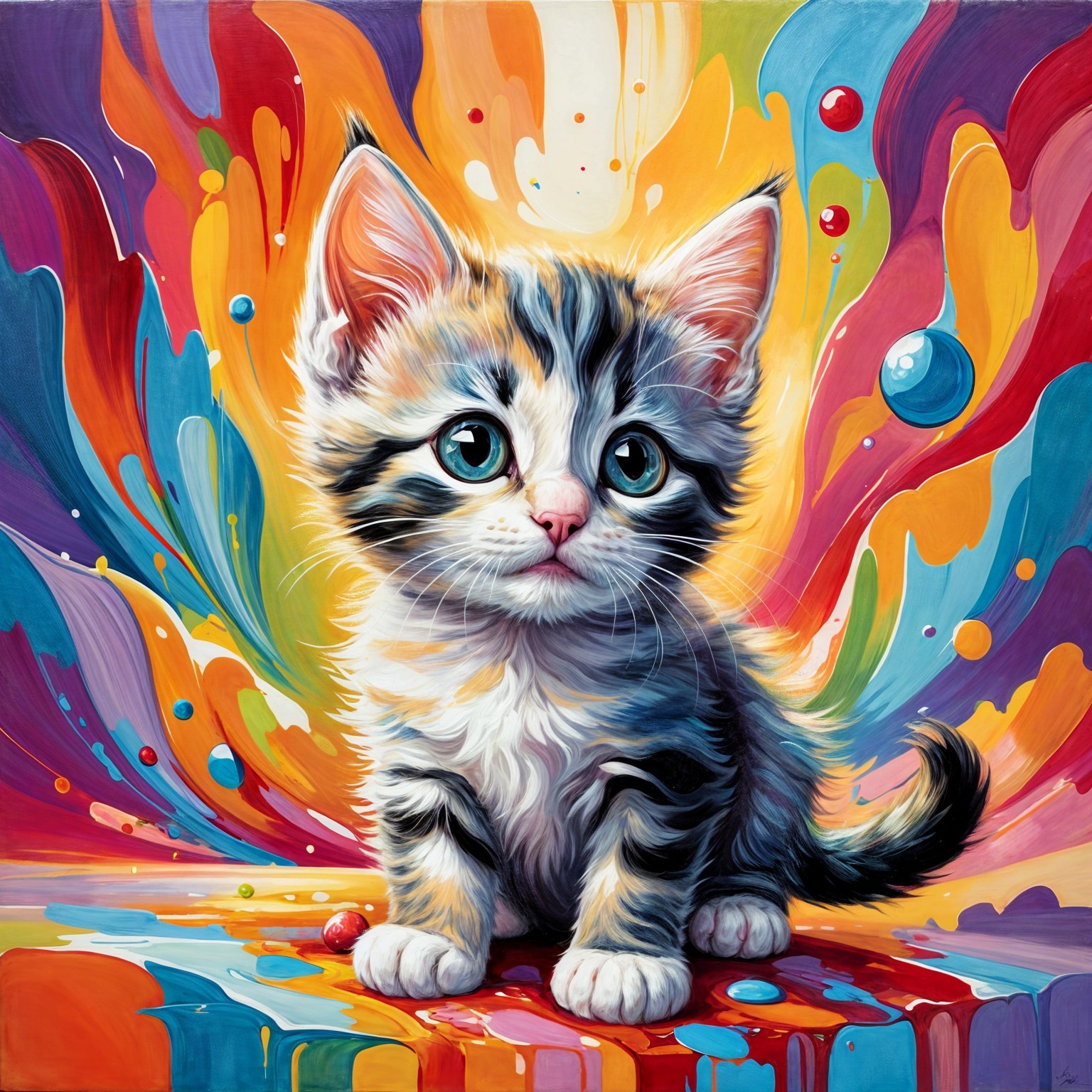 Colorful Painting of a Playful Kitten with Swirls