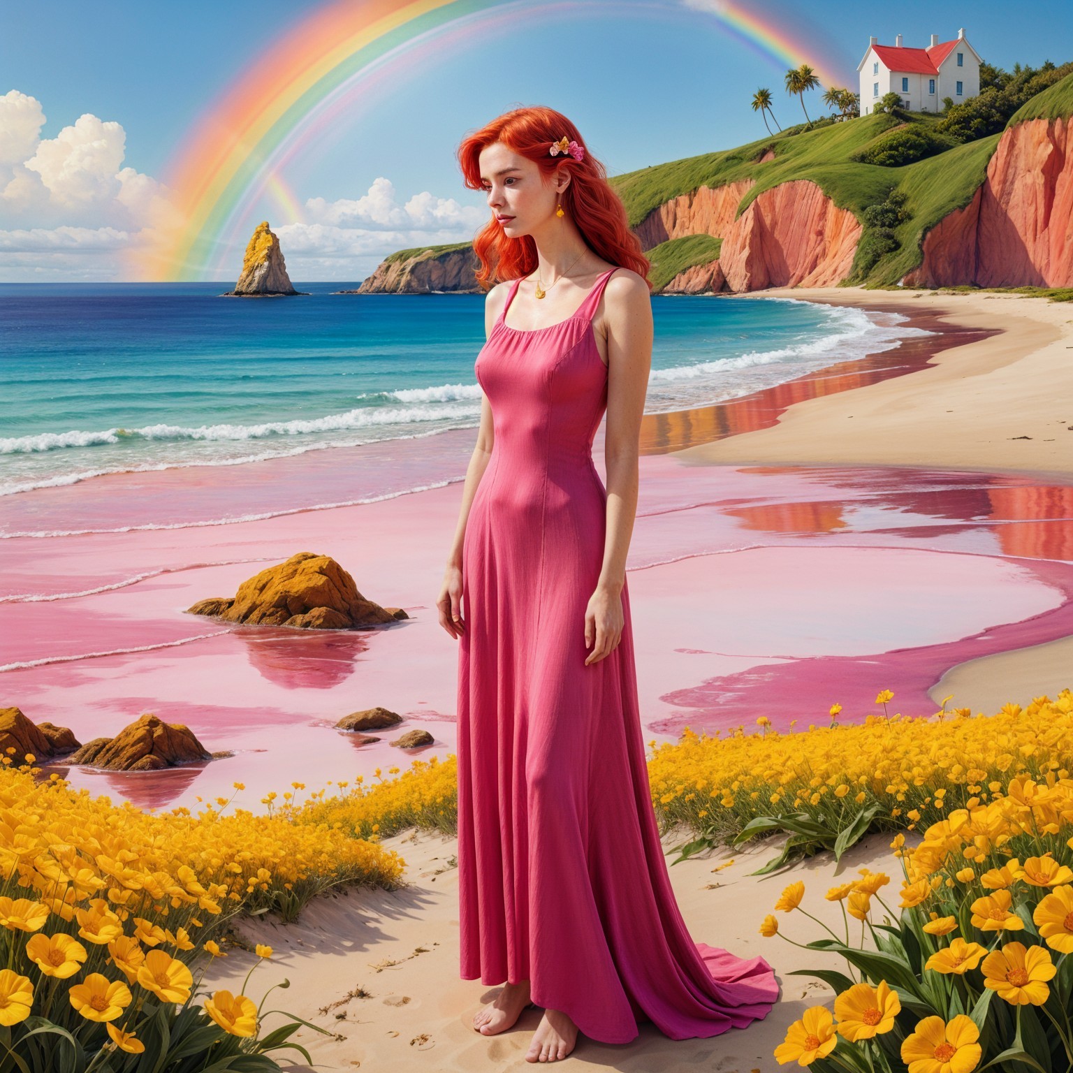 Young Woman in Pink Dress on Scenic Beach Setting