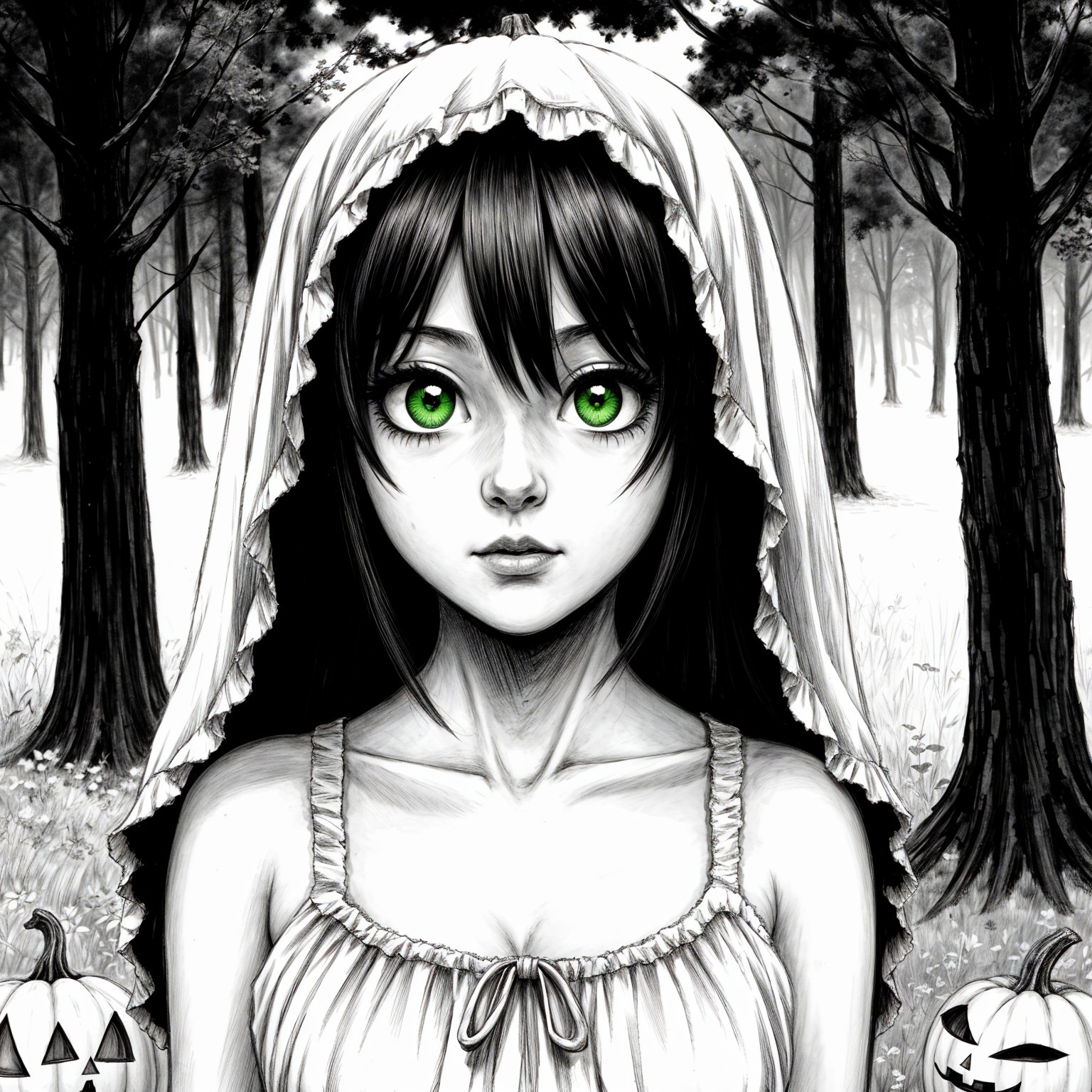 Young girl in dark forest with carved pumpkins