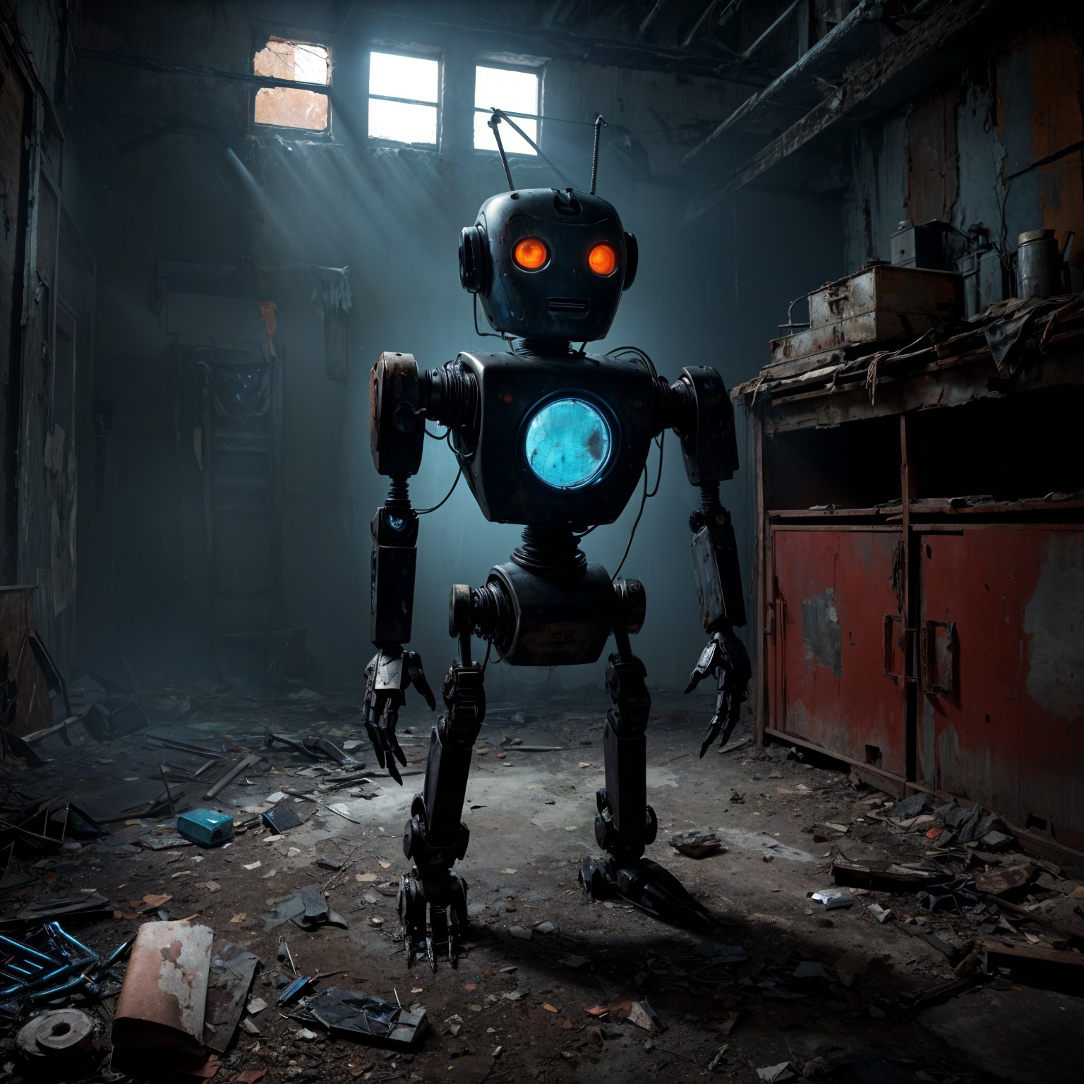 Retro-Futuristic Robot in Abandoned Warehouse Setting