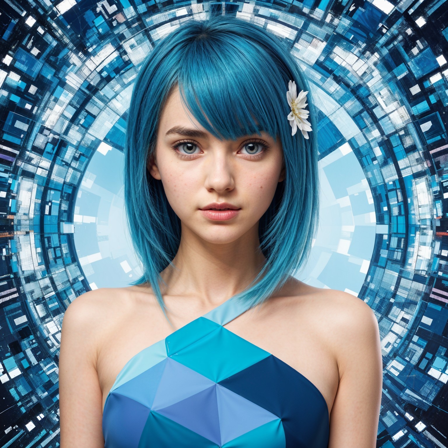 Young woman with blue hair in geometric dress