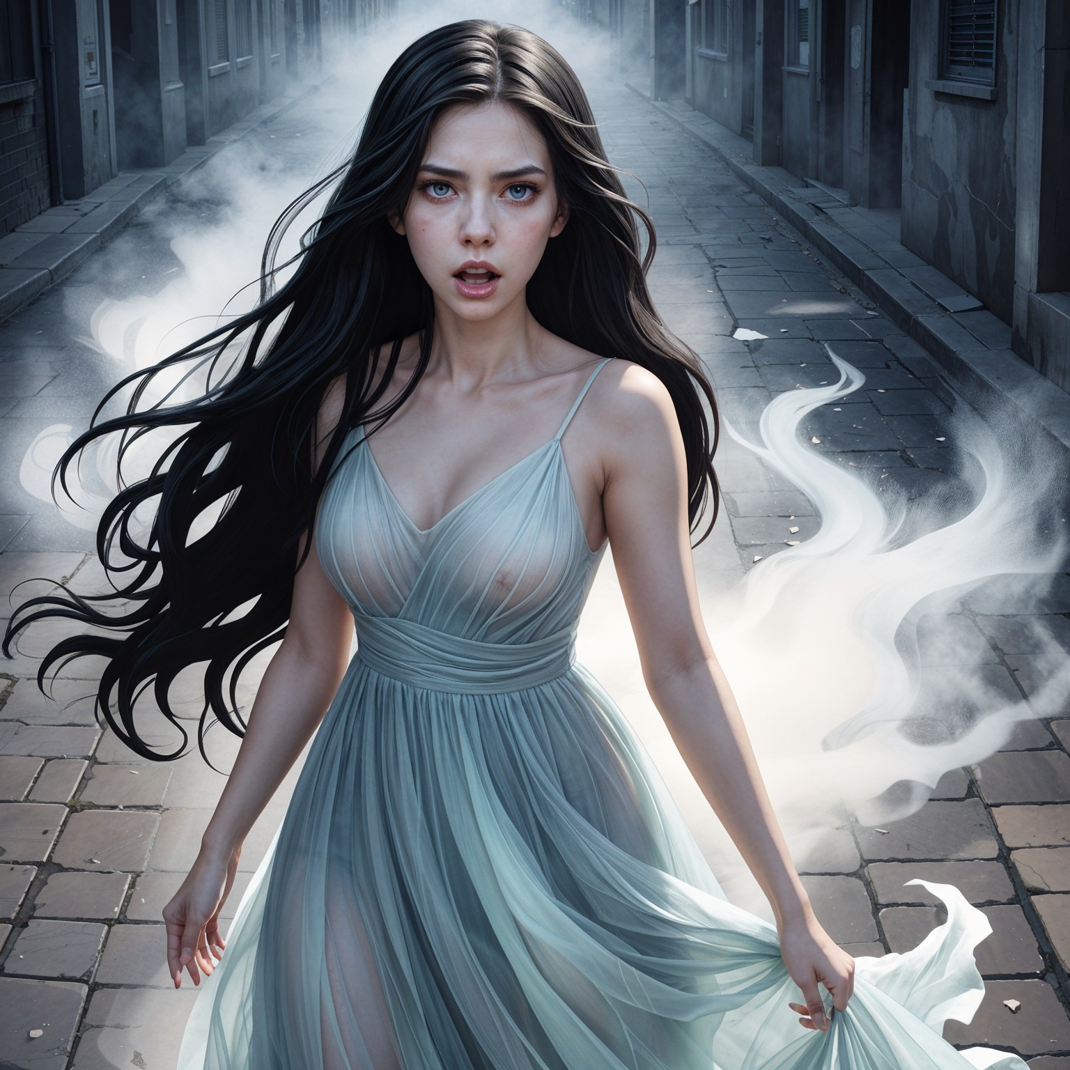 Young woman in ethereal gown on misty cobblestone street