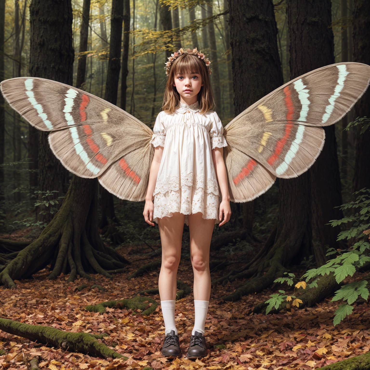 Young girl with butterfly wings in a forest setting