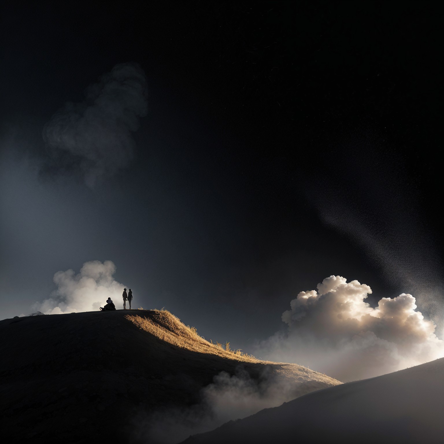 Figures on a Rugged Hill Amidst Mists and Clouds