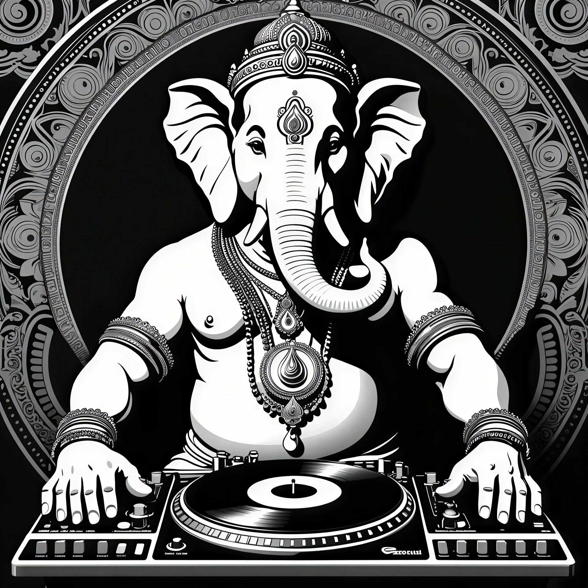 Ganesha DJ Illustration in Black and White Design