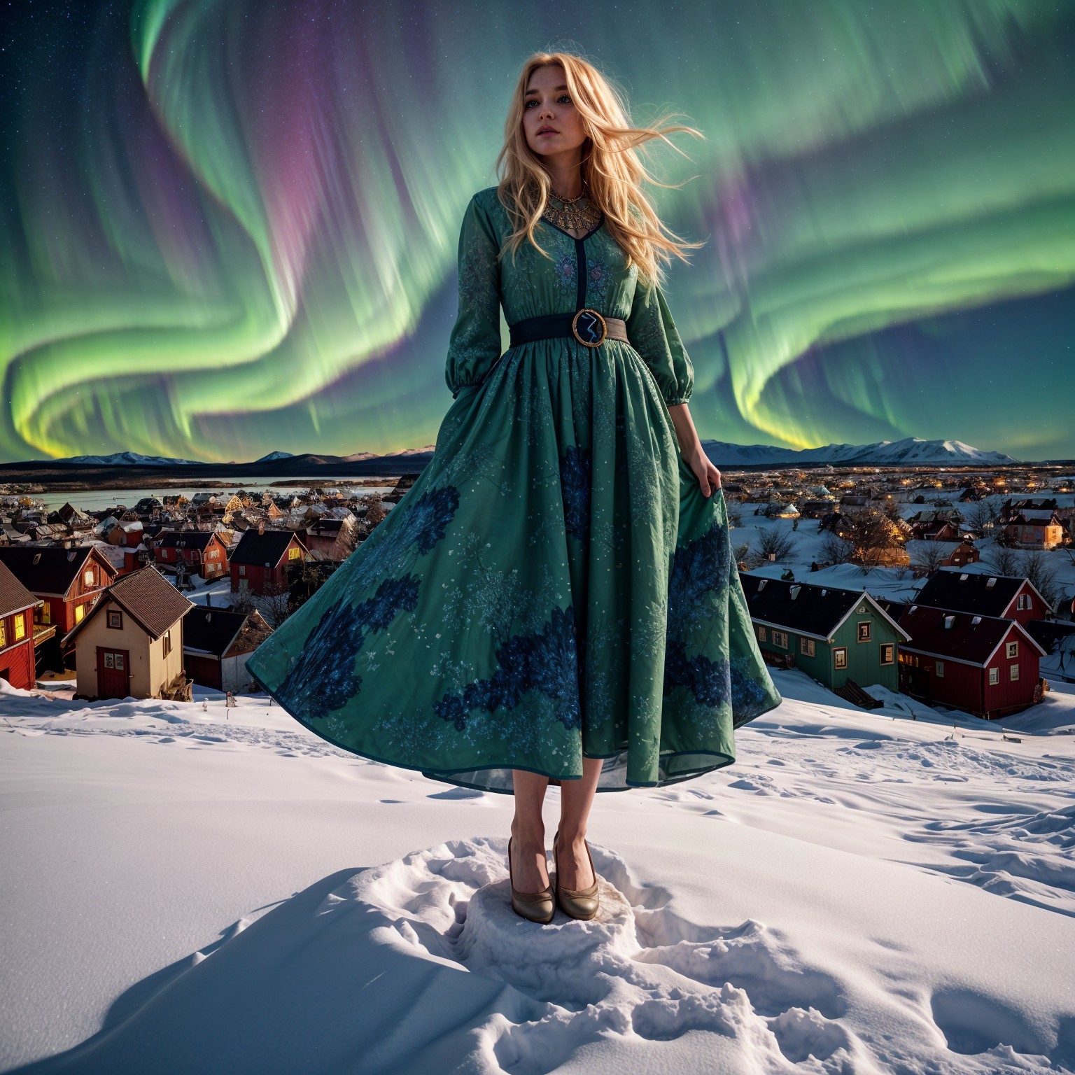 Woman in Green Dress on Snowy Hill with Aurora Borealis