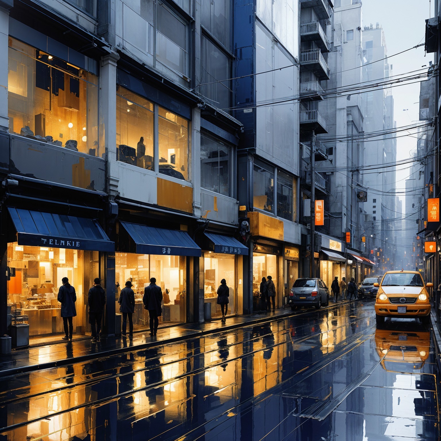 Urban Street Scene with Evening Lights and Rain Reflection