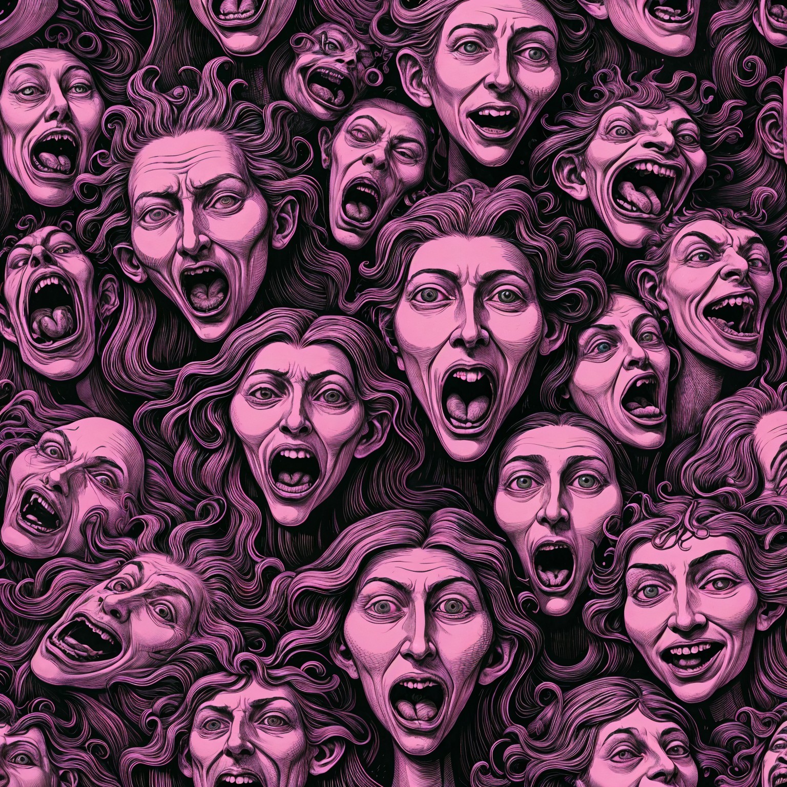 Collage of Anguished Faces in Deep Pinks and Blacks