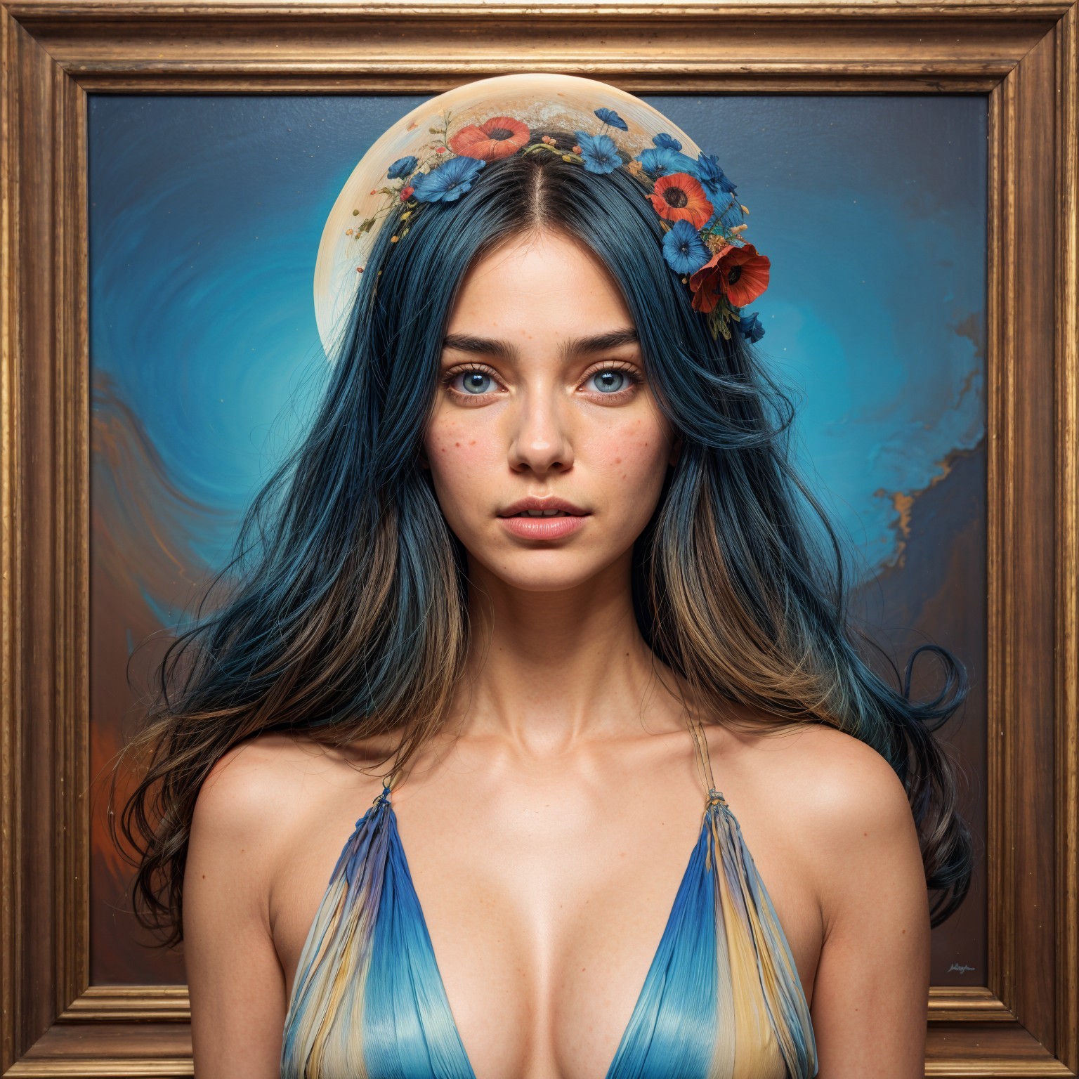 Young woman with blue hair in artistic backdrop