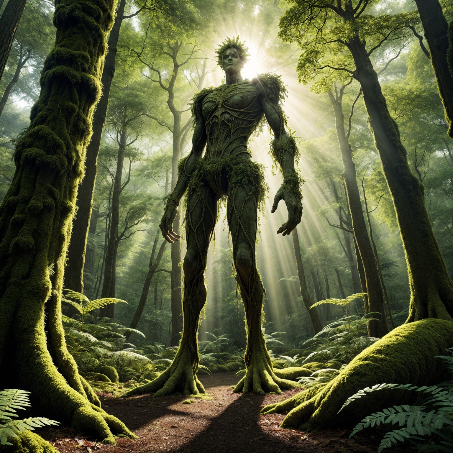 Humanoid Figure of Branches in Sunlit Forest