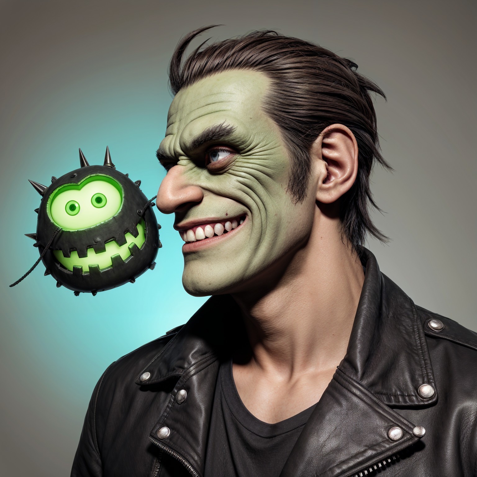 Stylized Character with Green Face and Cartoon Creature
