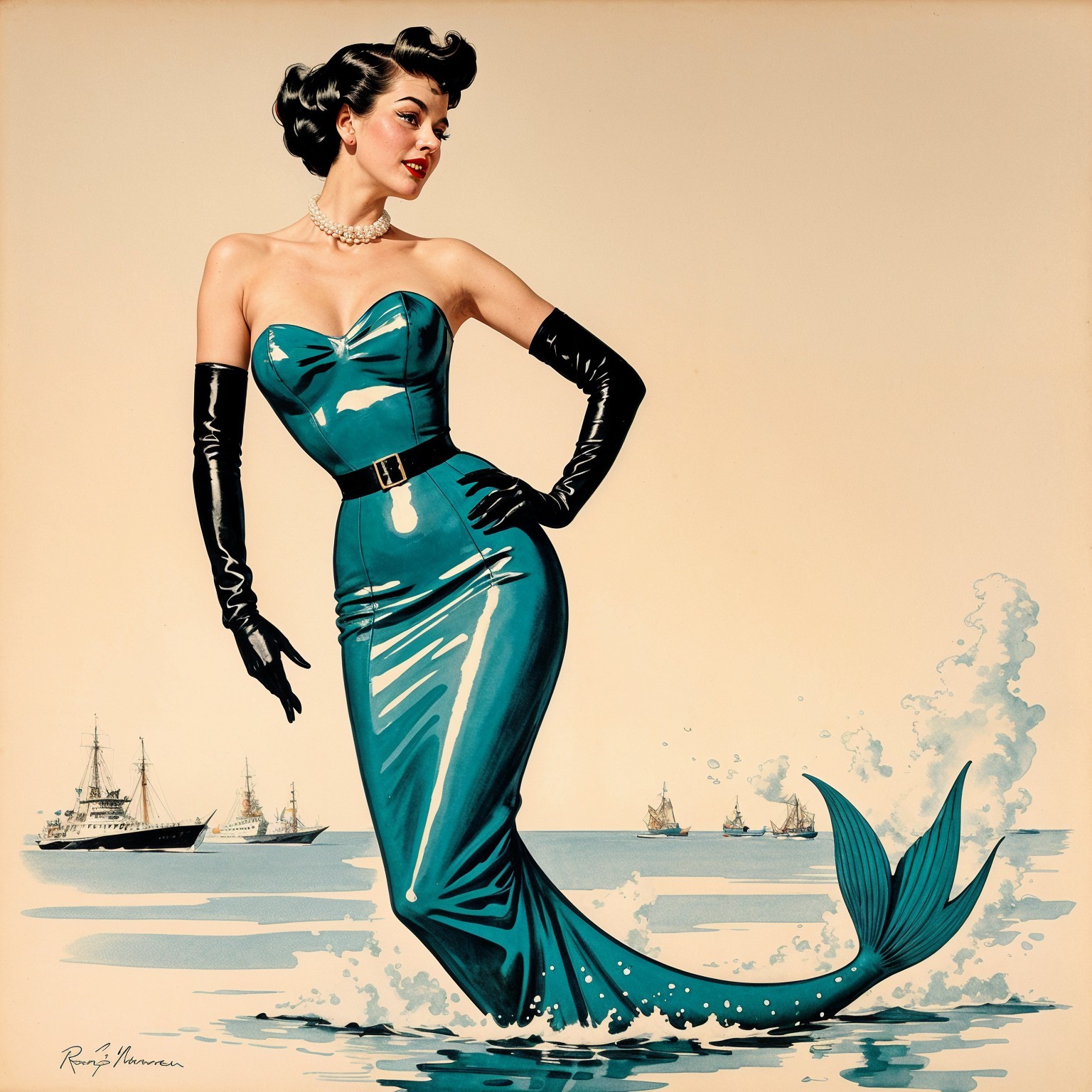 Glamorous Pin-Up Mermaid in Teal Dress and Tail