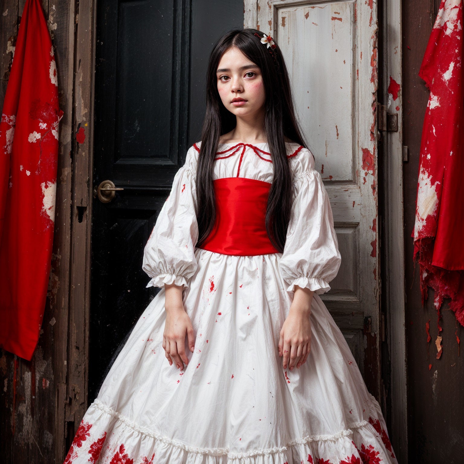 Young girl in vintage dress in dimly lit room