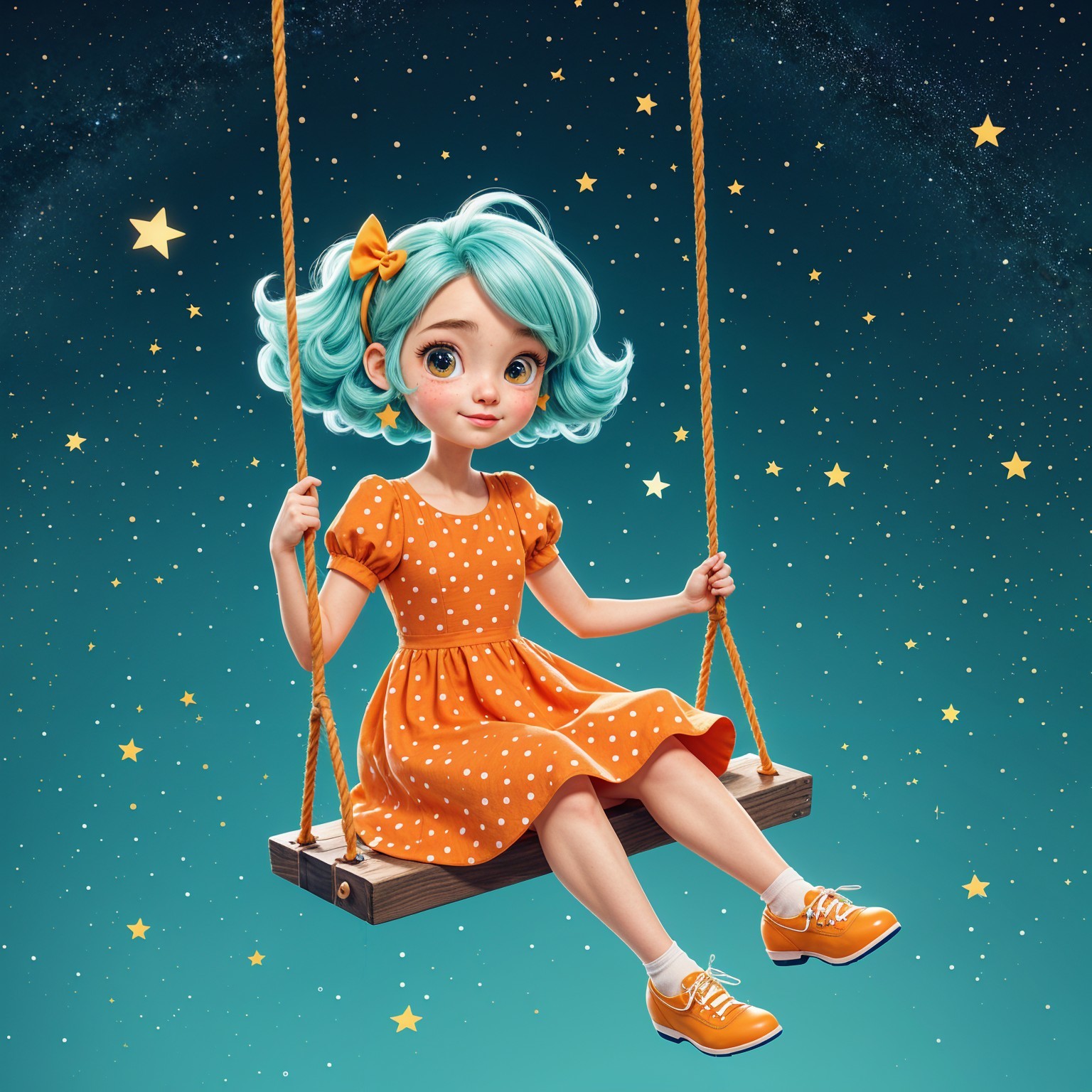 Young girl with turquoise hair on a swing at night