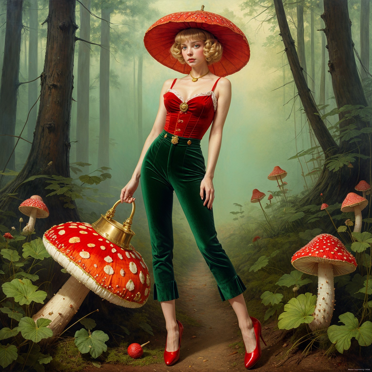 Woman in Whimsical Forest with Vibrant Fashion Elements
